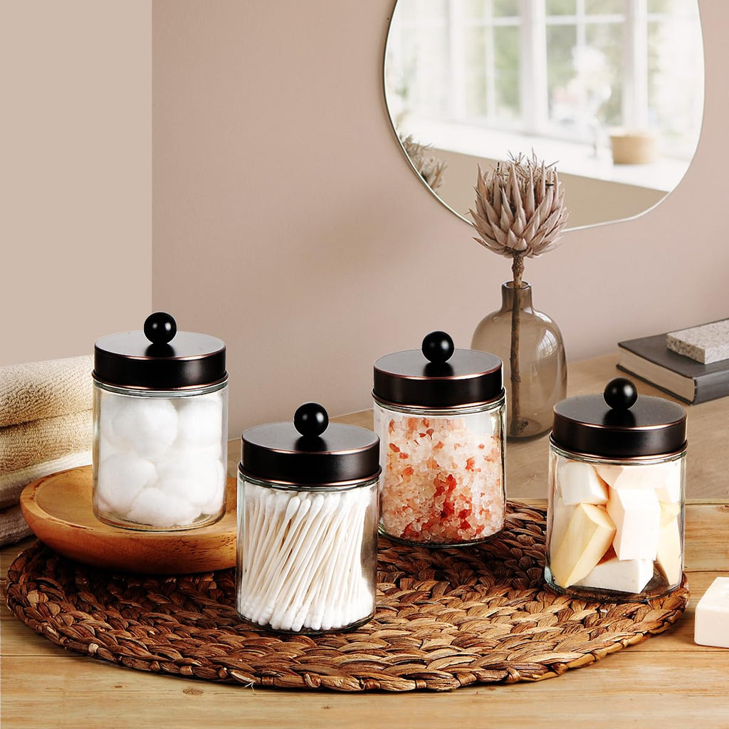 Amolliar 4Pc Apothecary Jars Bathroom Vanity Storage Organizer Set -Countertop Canister with Stainless Steel Lids &Stickers - Qtip Dispenser Holder for Qtip,Cotton Swab,Makeup Sponge (Brushed Nickel)