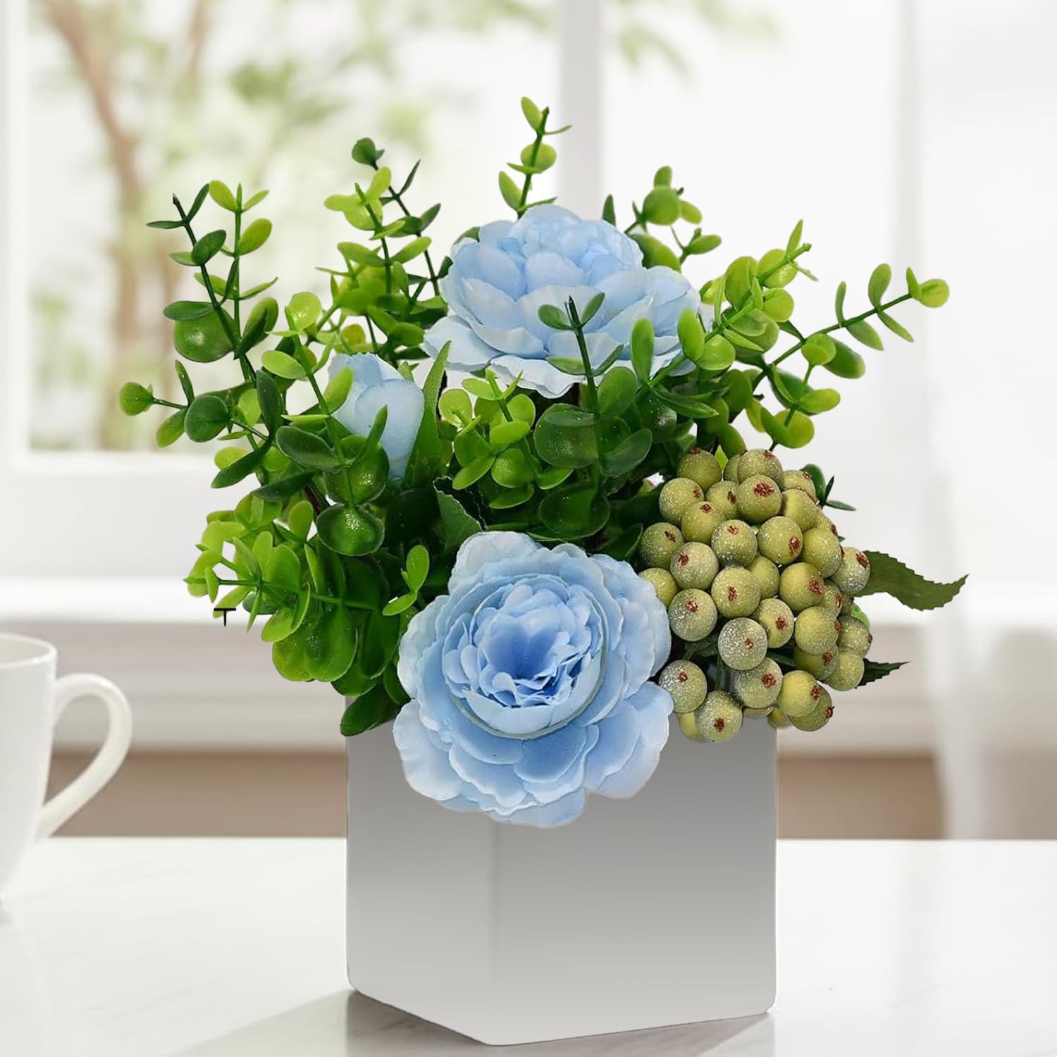 LADADA Artificial Flowers with Small Ceramic Vases, Roses in Vases Plastic Artificial Flowers and Plants,Used for Home Office Wedding Decoration, Table Decoration(White+Black)