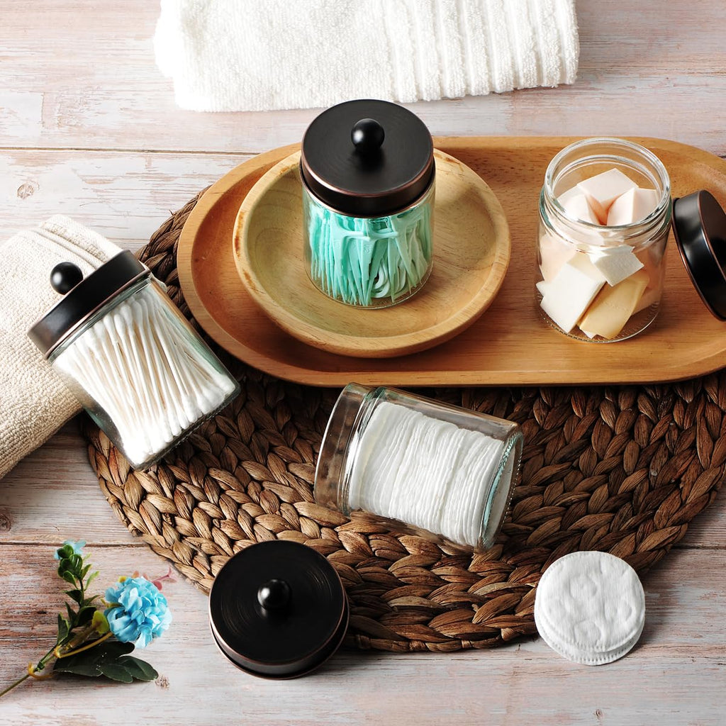 Amolliar 4Pc Apothecary Jars Bathroom Vanity Storage Organizer Set -Countertop Canister with Stainless Steel Lids &Stickers - Qtip Dispenser Holder for Qtip,Cotton Swab,Makeup Sponge (Brushed Nickel)