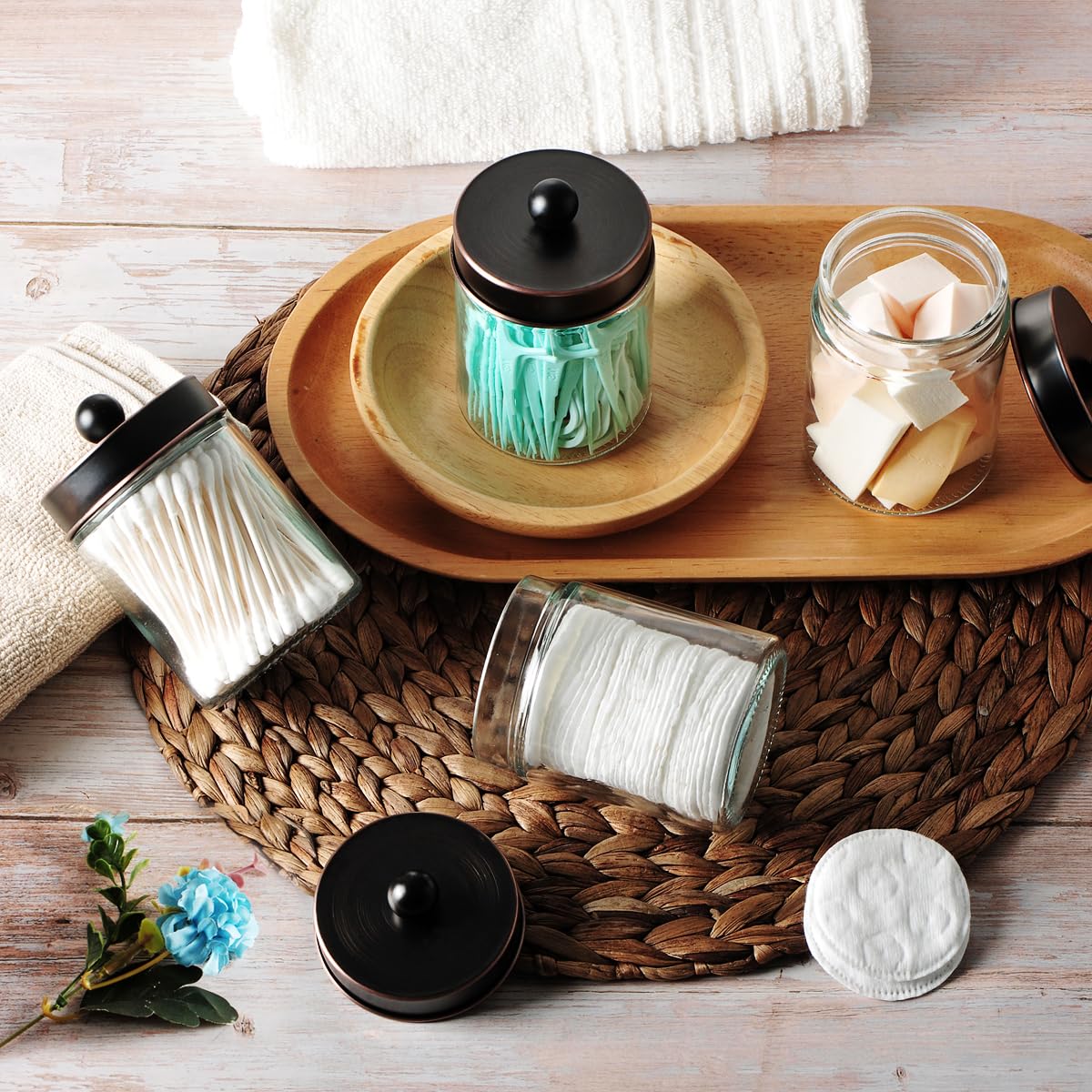 Amolliar 4Pc Apothecary Jars Bathroom Vanity Storage Organizer Set -Countertop Canister with Stainless Steel Lids &Stickers - Qtip Dispenser Holder for Qtip,Cotton Swab,Makeup Sponge (Brushed Nickel)