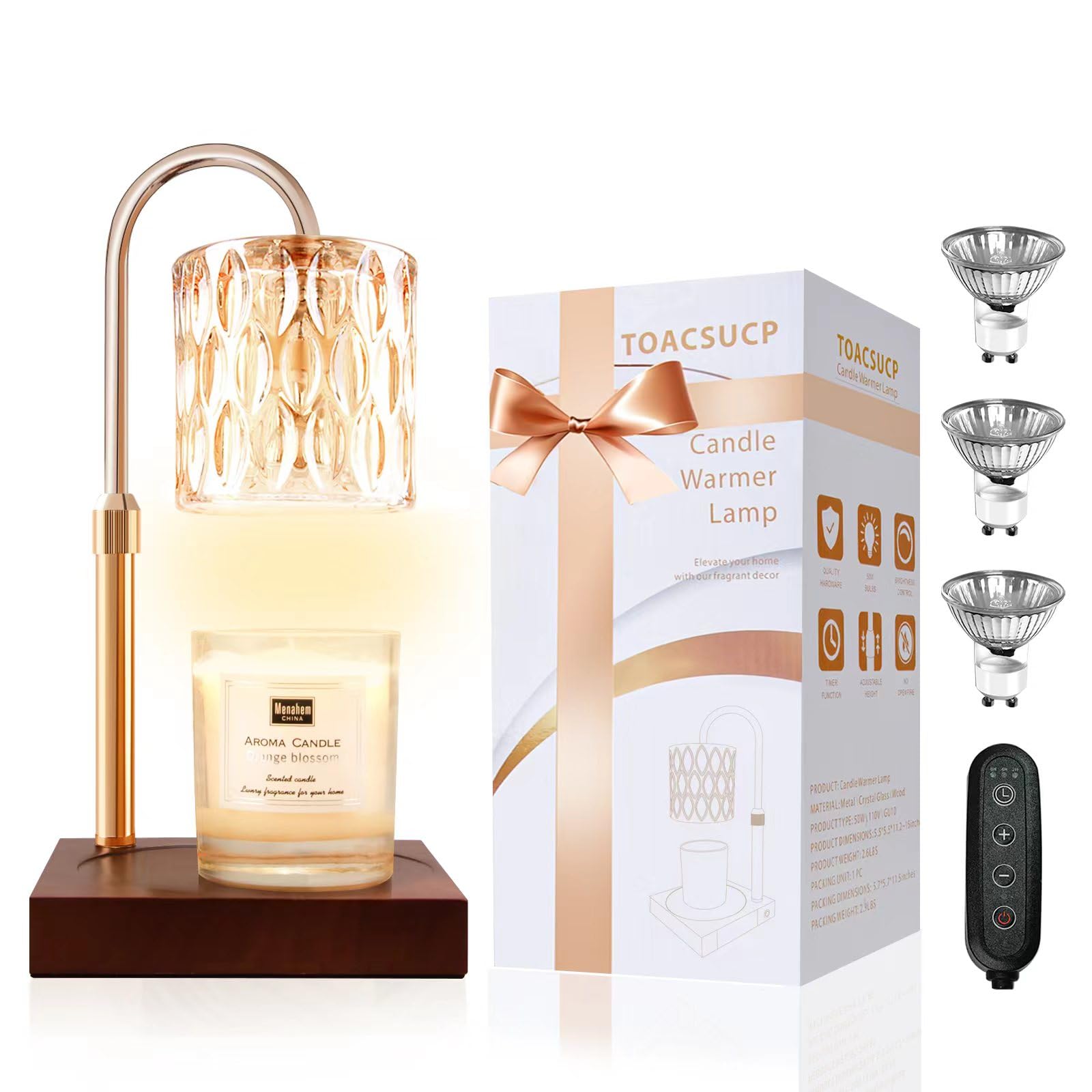 Candle Warmer Lamp with 3 Bulbs, Adjustable Height Dimmable Candle Warmer with Timer, Candle Lamp with Charming Gift Box Ribbon,Birthday Gifts for Women Mom, House Warming Gifts New Home Decor