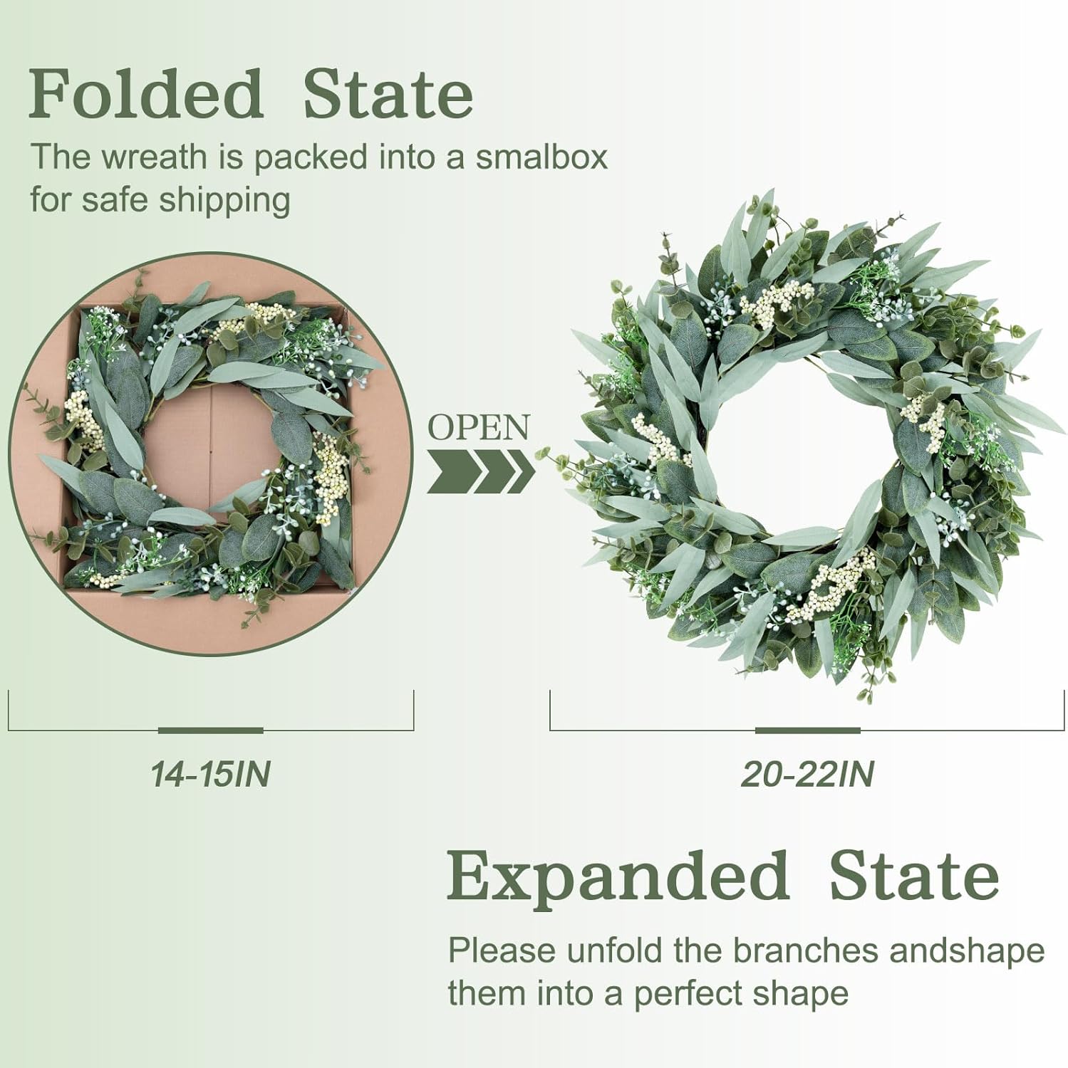 Eucalyptus Wreaths 22" Large Artificial Greenery Outdoor/Indoor Wreath Spring/Summer/Winter Wreath Green Wreaths for Front Door Porch Window Wall Hanging Decor All Year Round Wre-ath（Green）