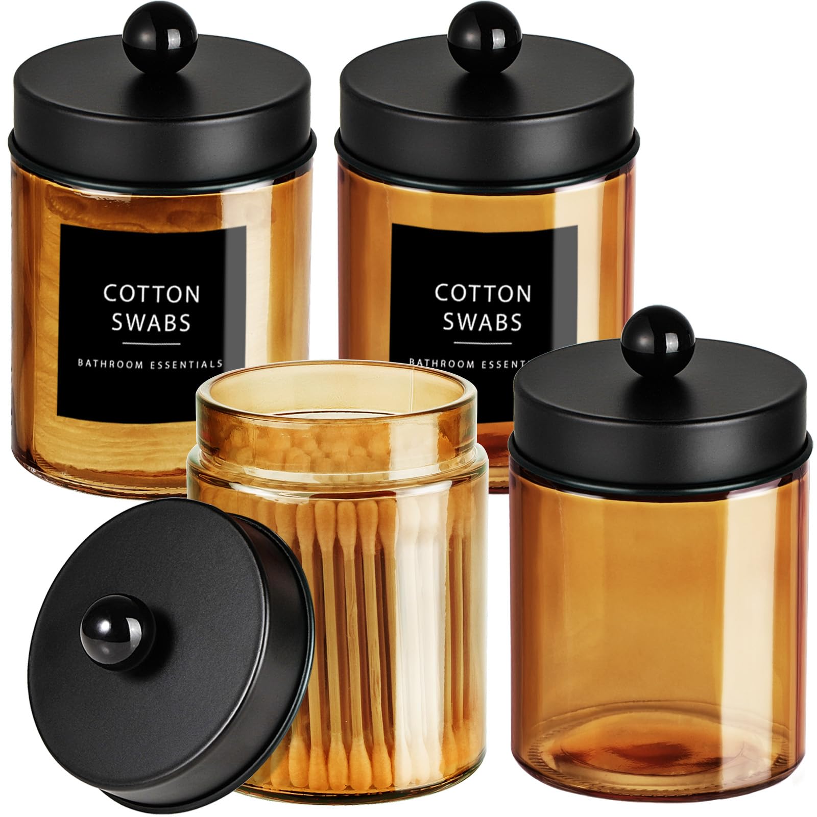 Amolliar 4Pc Apothecary Jars Bathroom Vanity Storage Organizer Set -Countertop Canister with Stainless Steel Lids &Stickers - Qtip Dispenser Holder for Qtip,Cotton Swab,Makeup Sponge (Brushed Nickel)