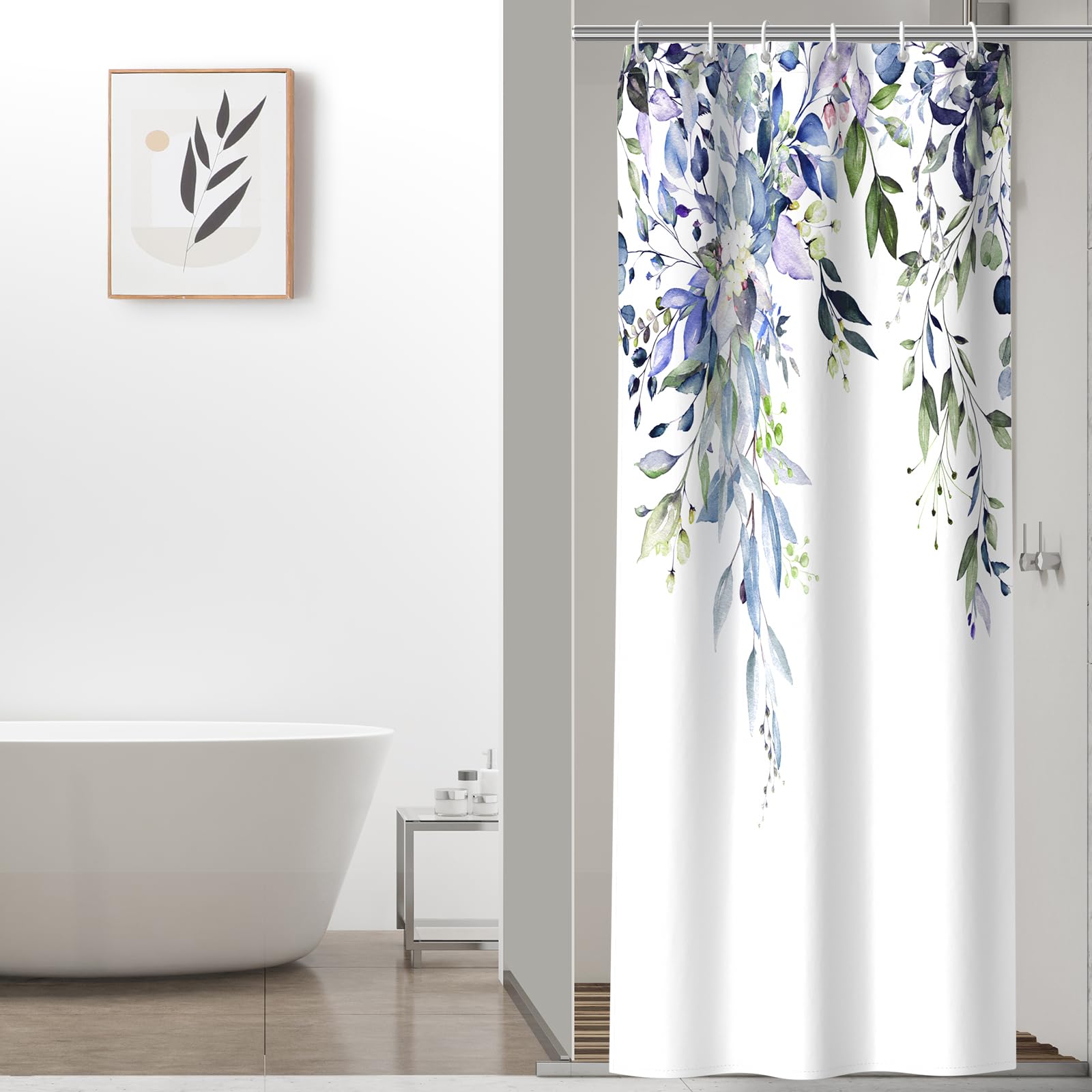 Colorful Star Sage Green Eucalyptus Waterproof Shower Curtain Set with Hooks, Minimalist Watercolor Floral Print Bathroom Décor, Plant Leaves Washable Fabric Shower Curtain, 72 x 72 Inch