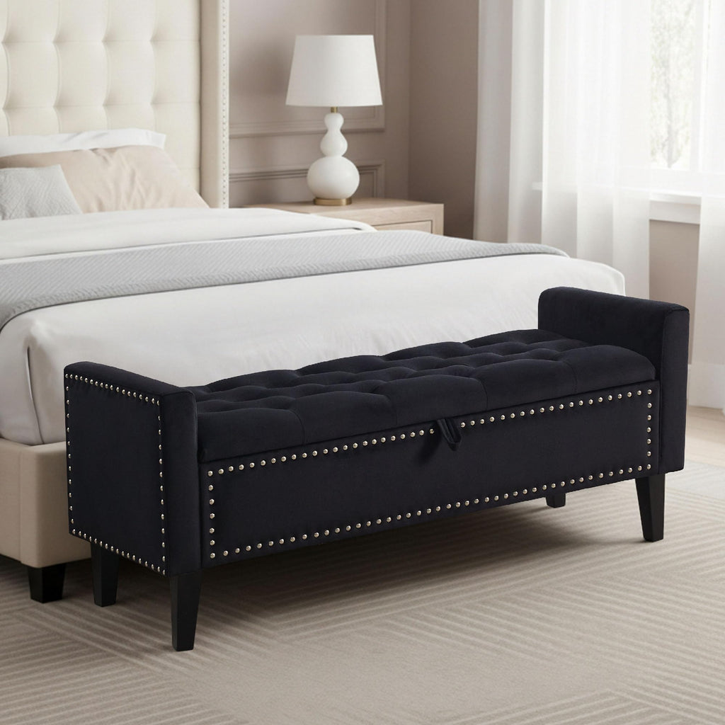 47in Velvet Storage Ottoman Bench with Arms, Upholstered Storage Bench with Wooden Legs, Storage Bench for Bedroom, Living Room, Entryway, Blue Grey