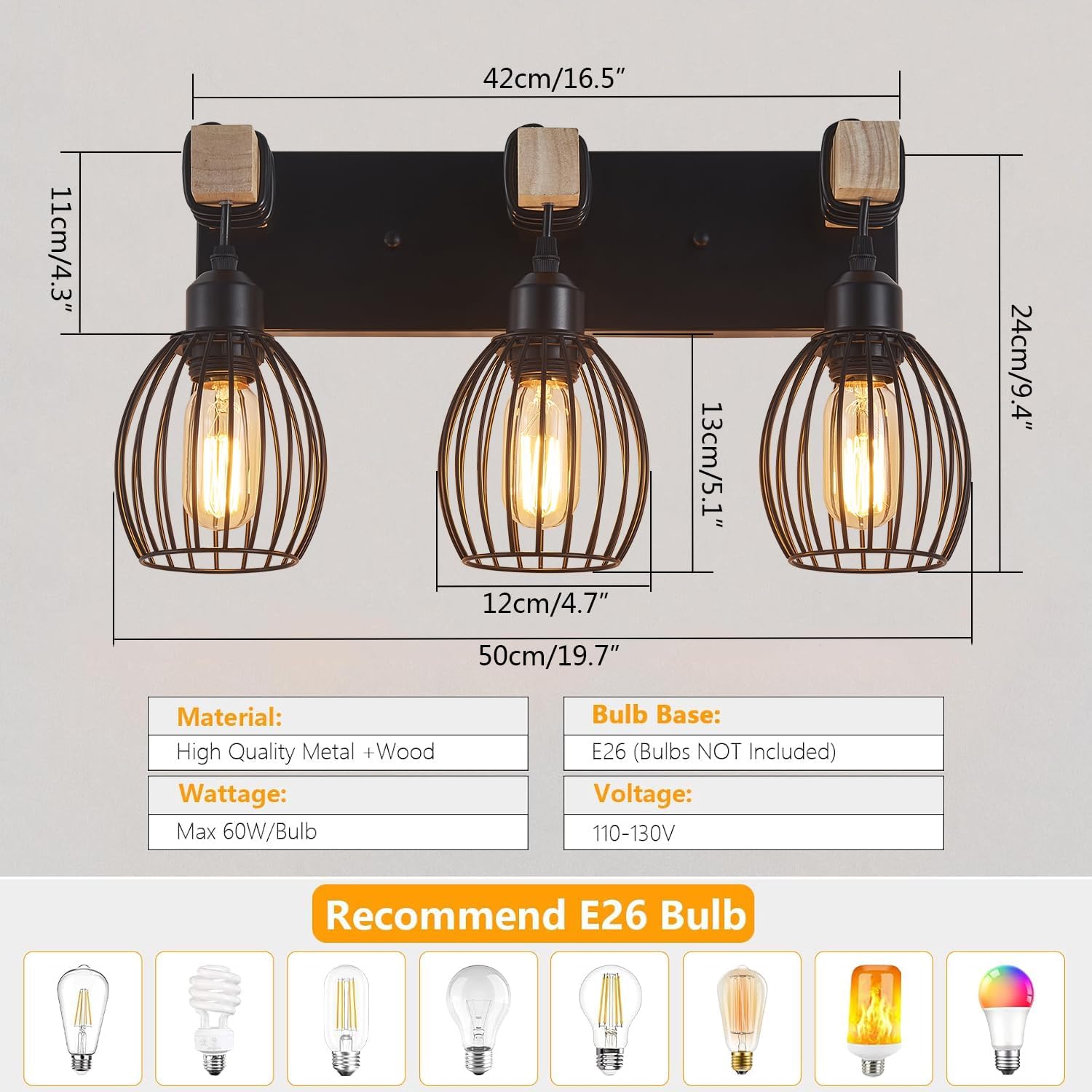 3-Light Farmhouse Vanity Light for Bathroom, Wood Wall Sconce with Elegant Teardrop Cage, Industrial Black Vanity Lights Over Mirror for Living Room Bedroom Hallway