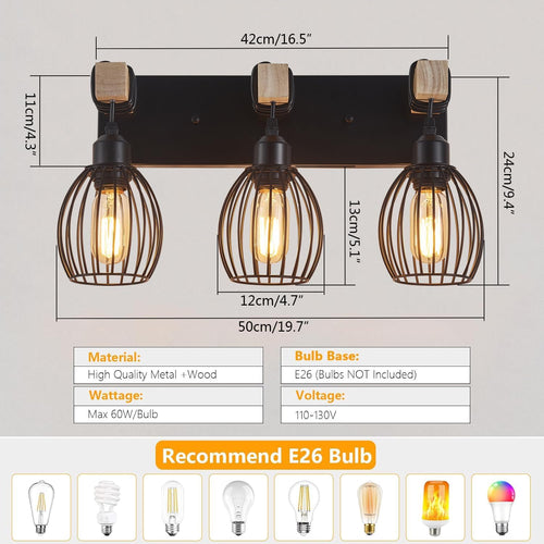 3-Light Farmhouse Vanity Light for Bathroom, Wood Wall Sconce with Elegant Teardrop Cage, Industrial Black Vanity Lights Over Mirror for Living Room Bedroom Hallway