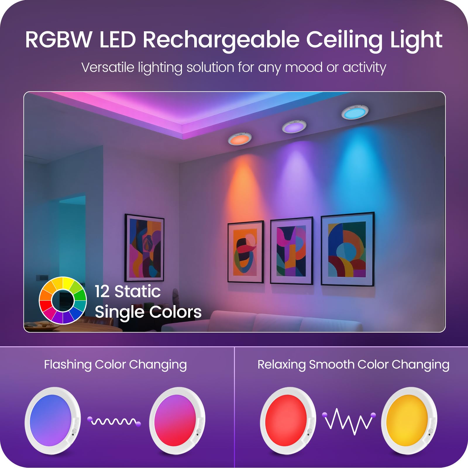 Rechargeable Motion Sensor Ceiling Light with Remote, Wireless Ceiling Light Battery Operated, No Wiring, Magnetic, Dimmable Shower Light, Timer, 3 Color 6000K, Rechargeable Light for Closet Hallway