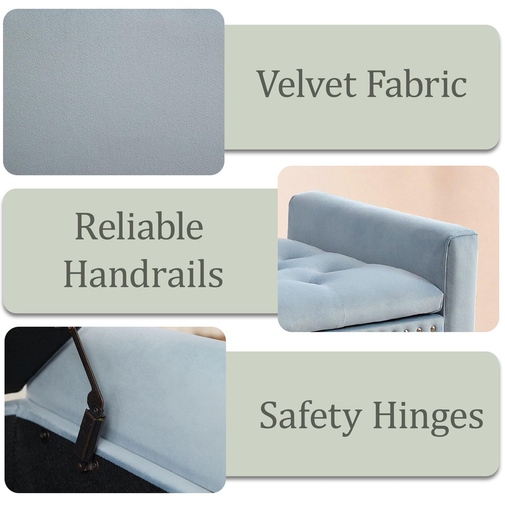 47in Velvet Storage Ottoman Bench with Arms, Upholstered Storage Bench with Wooden Legs, Storage Bench for Bedroom, Living Room, Entryway, Blue Grey