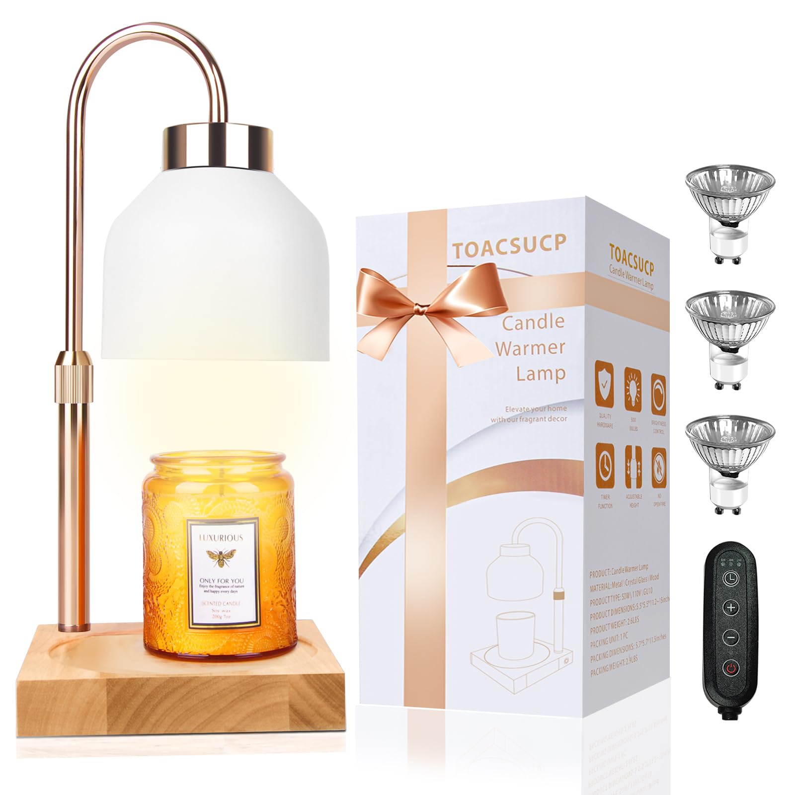 Candle Warmer Lamp with 3 Bulbs, Adjustable Height Dimmable Candle Warmer with Timer, Candle Lamp with Charming Gift Box Ribbon,Birthday Gifts for Women Mom, House Warming Gifts New Home Decor