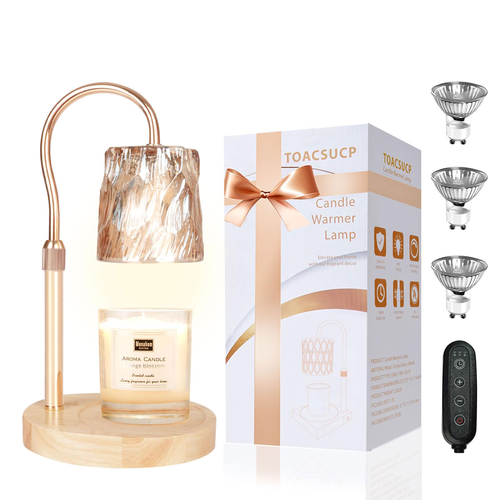 Candle Warmer Lamp with 3 Bulbs, Adjustable Height Dimmable Candle Warmer with Timer, Candle Lamp with Charming Gift Box Ribbon,Birthday Gifts for Women Mom, House Warming Gifts New Home Decor