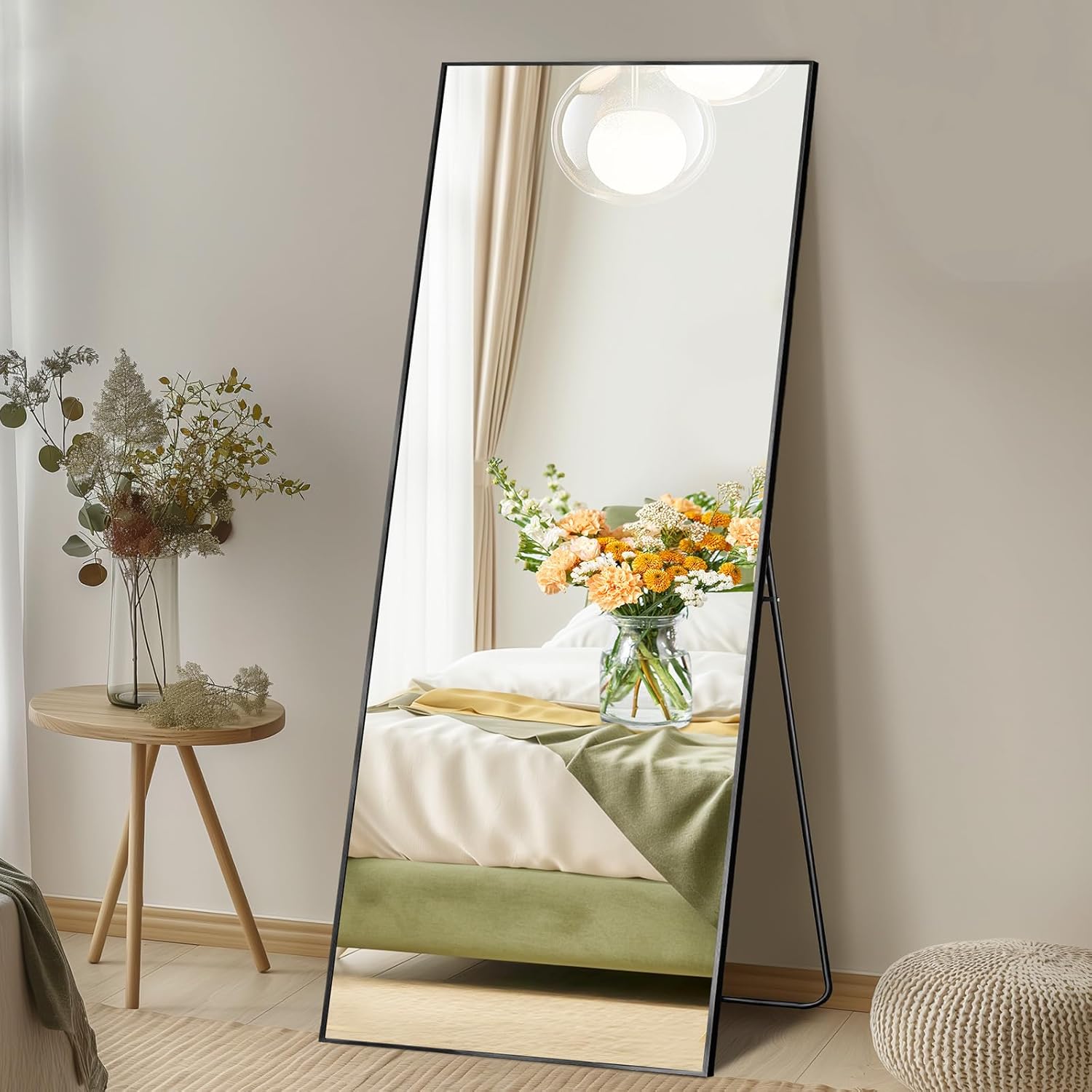 DUMOS Arched Full Length Mirror with Stand 64"x21" Floor Standing Aluminum Frame for Bedroom Body Hanging Leaning Modern Simple Home Decor Shatter-proorf Nano Glass Wall Living Room Cloakroom Black