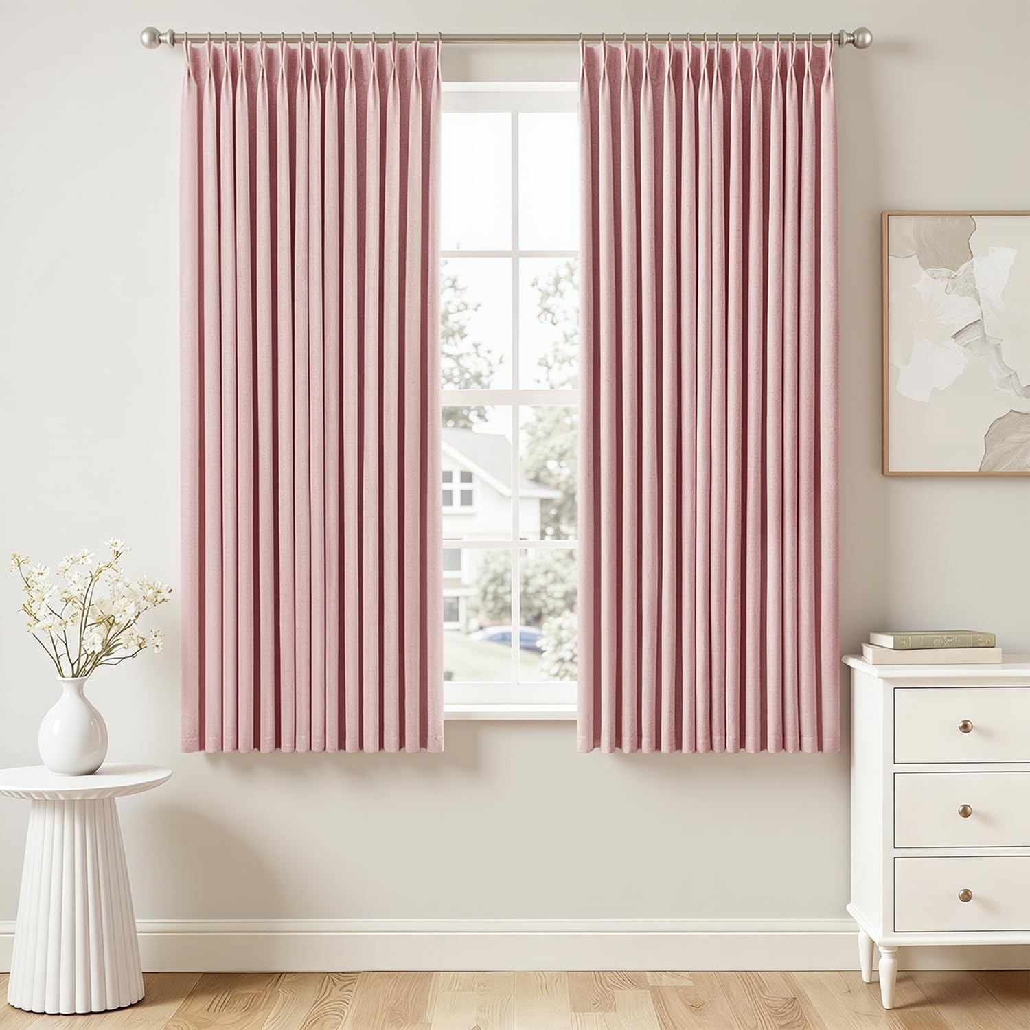 MIULEE Olive Green Pinch Pleated 100% Blackout Linen Curtains 90 Inch Length 2 Panels Set, Black Out Memory Trained Pleat Curtains Light Blocking Room Darkening Drapes for Bedroom Living Room Window