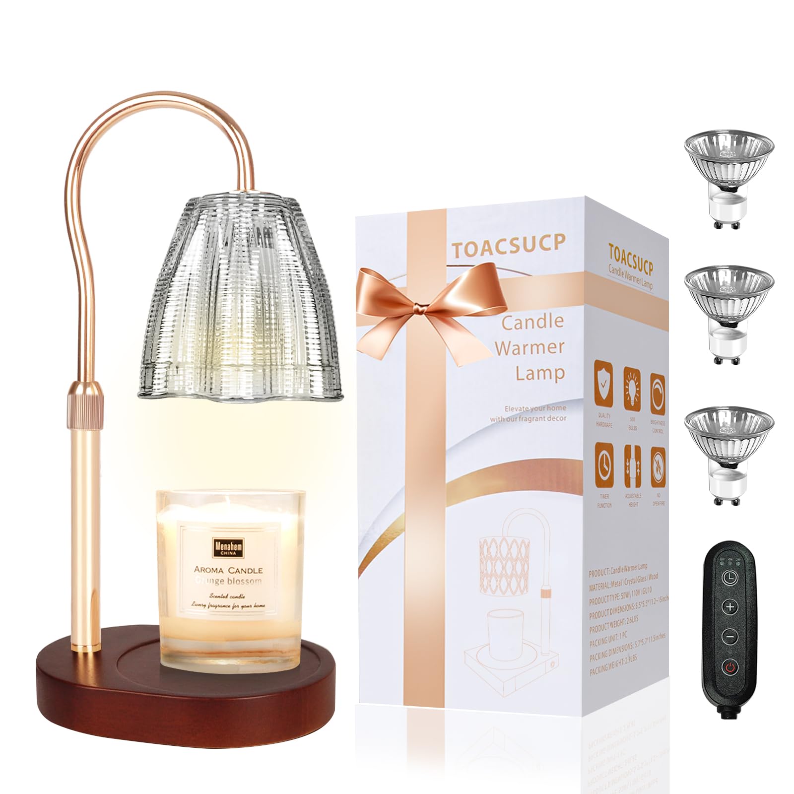 Candle Warmer Lamp with 3 Bulbs, Adjustable Height Dimmable Candle Warmer with Timer, Candle Lamp with Charming Gift Box Ribbon,Birthday Gifts for Women Mom, House Warming Gifts New Home Decor