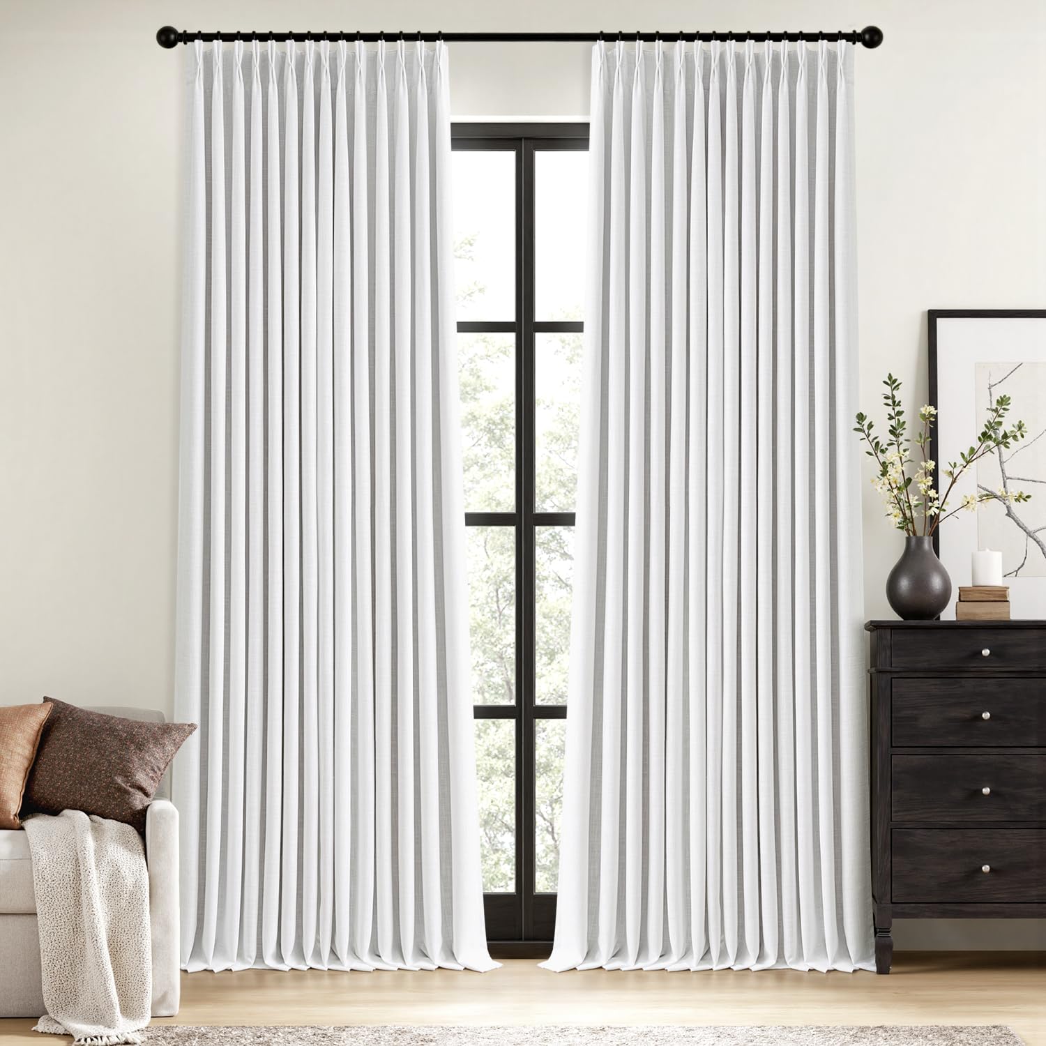 MIULEE Olive Green Pinch Pleated 100% Blackout Linen Curtains 90 Inch Length 2 Panels Set, Black Out Memory Trained Pleat Curtains Light Blocking Room Darkening Drapes for Bedroom Living Room Window