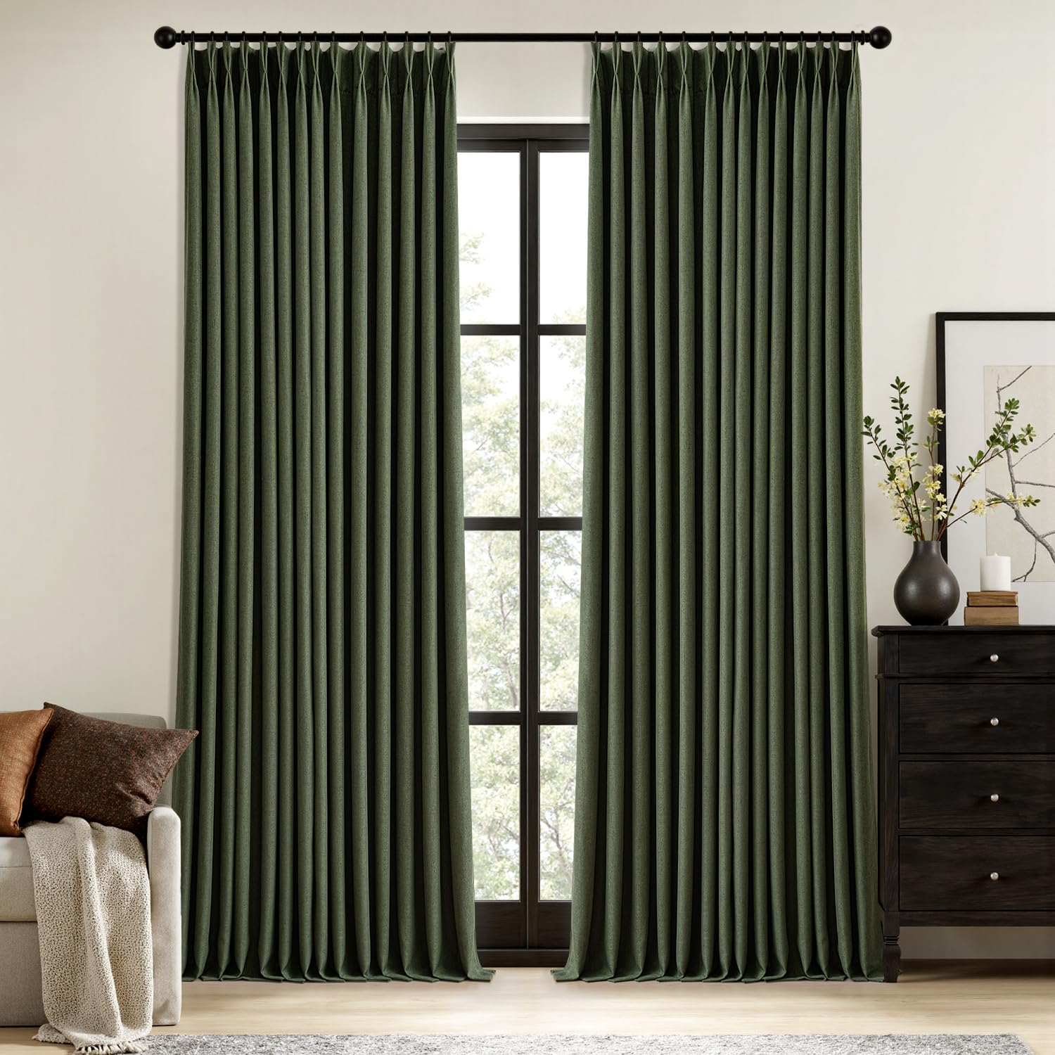 MIULEE Olive Green Pinch Pleated 100% Blackout Linen Curtains 90 Inch Length 2 Panels Set, Black Out Memory Trained Pleat Curtains Light Blocking Room Darkening Drapes for Bedroom Living Room Window