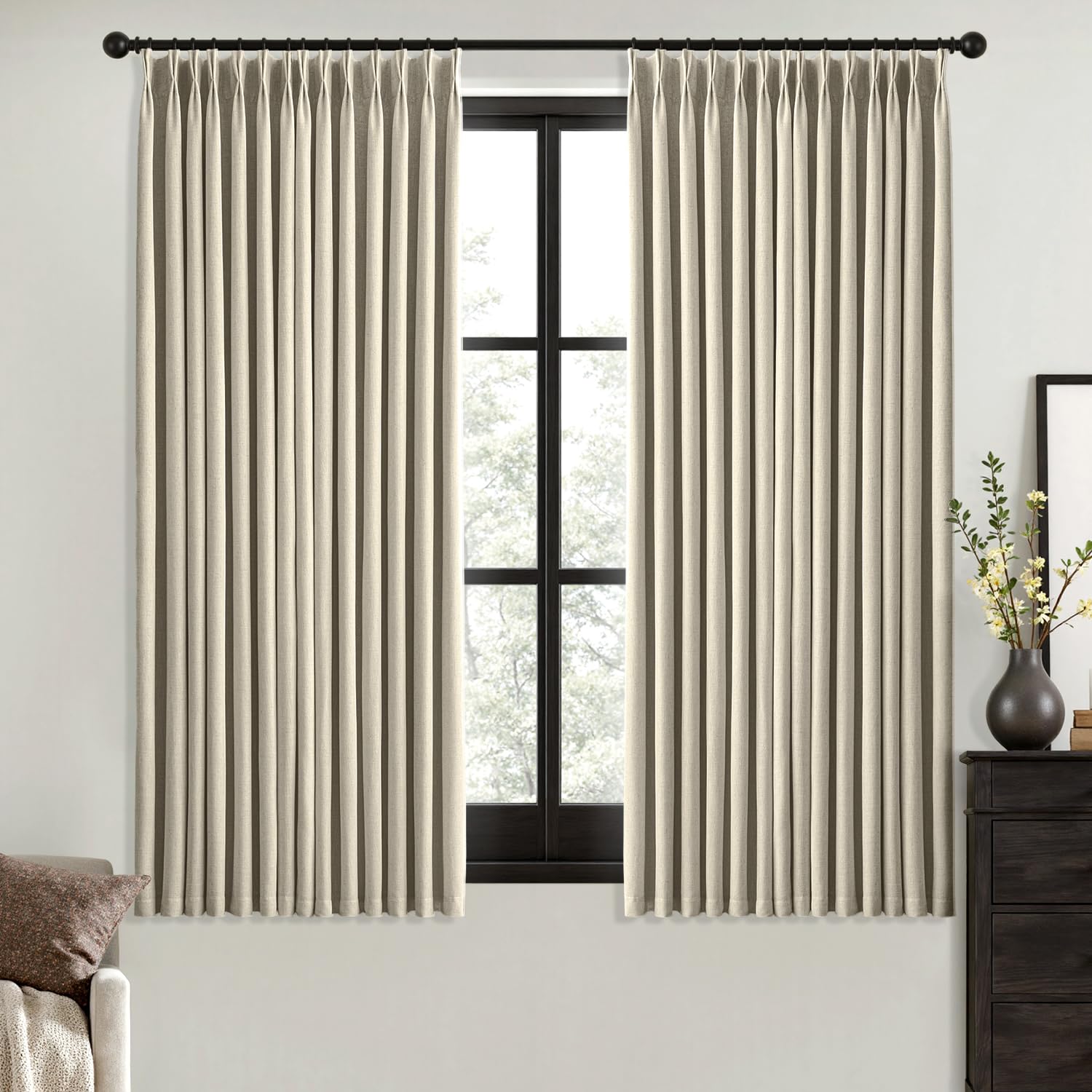 MIULEE Olive Green Pinch Pleated 100% Blackout Linen Curtains 90 Inch Length 2 Panels Set, Black Out Memory Trained Pleat Curtains Light Blocking Room Darkening Drapes for Bedroom Living Room Window