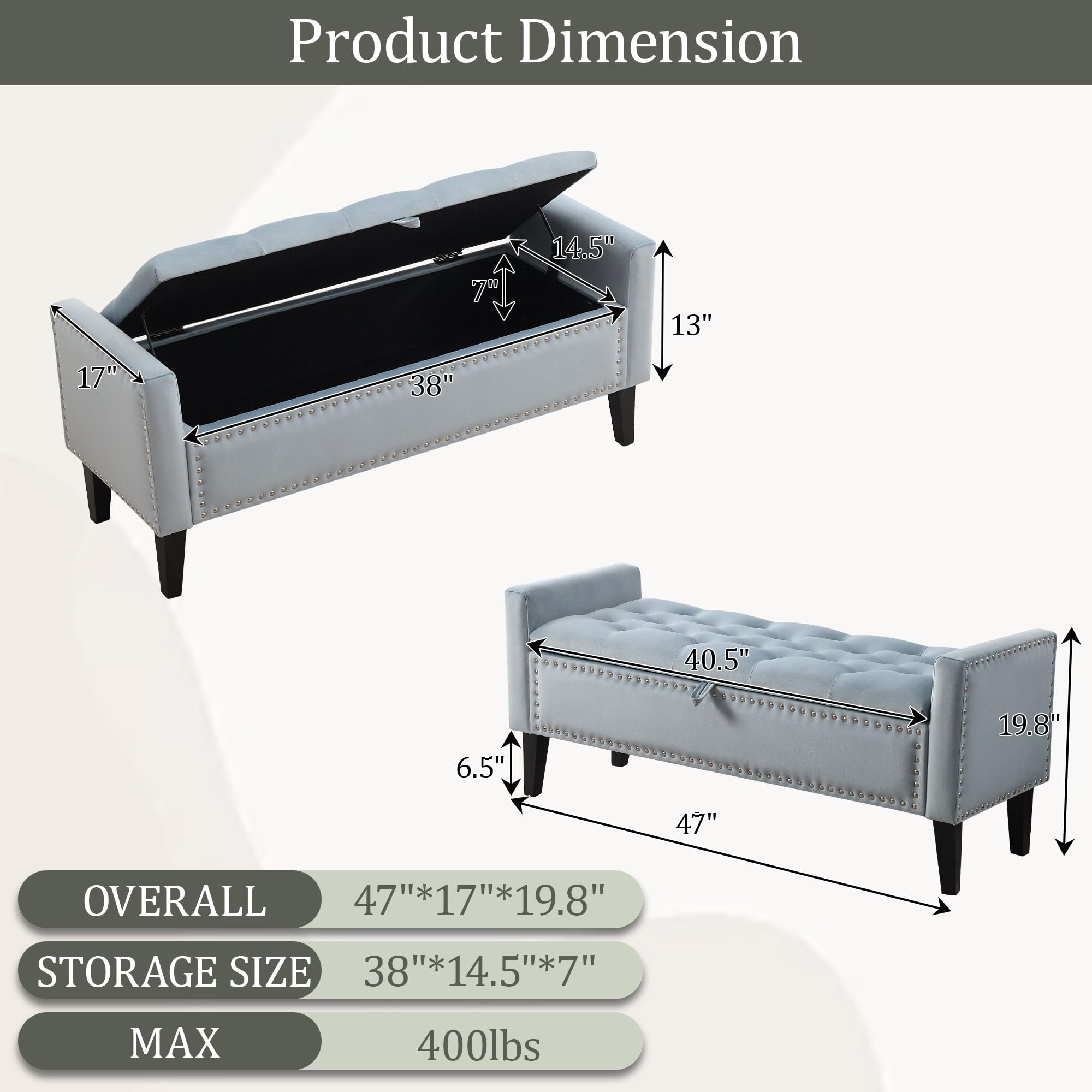 47in Velvet Storage Ottoman Bench with Arms, Upholstered Storage Bench with Wooden Legs, Storage Bench for Bedroom, Living Room, Entryway, Blue Grey