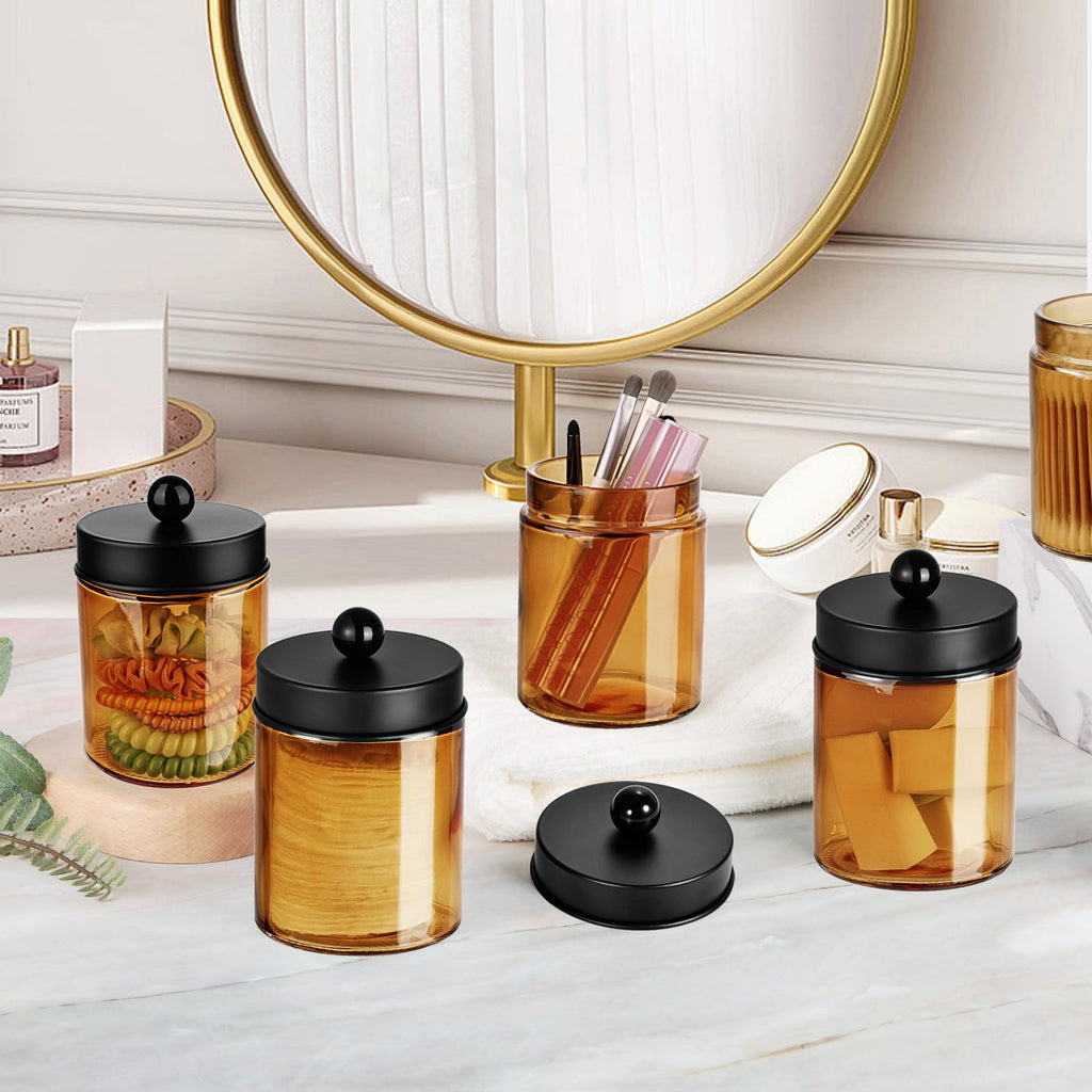 Amolliar 4Pc Apothecary Jars Bathroom Vanity Storage Organizer Set -Countertop Canister with Stainless Steel Lids &Stickers - Qtip Dispenser Holder for Qtip,Cotton Swab,Makeup Sponge (Brushed Nickel)