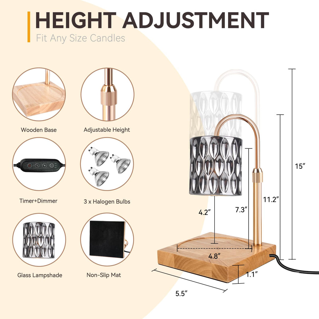 Candle Warmer Lamp with 3 Bulbs, Adjustable Height Dimmable Candle Warmer with Timer, Candle Lamp with Charming Gift Box Ribbon,Birthday Gifts for Women Mom, House Warming Gifts New Home Decor