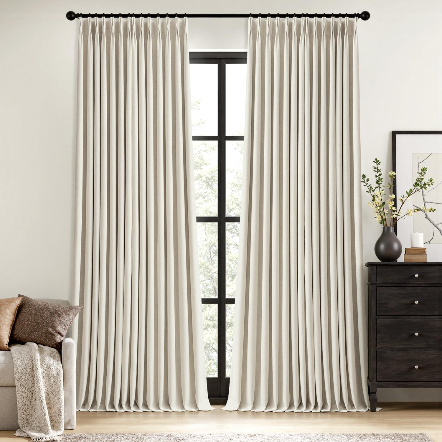 MIULEE Olive Green Pinch Pleated 100% Blackout Linen Curtains 90 Inch Length 2 Panels Set, Black Out Memory Trained Pleat Curtains Light Blocking Room Darkening Drapes for Bedroom Living Room Window