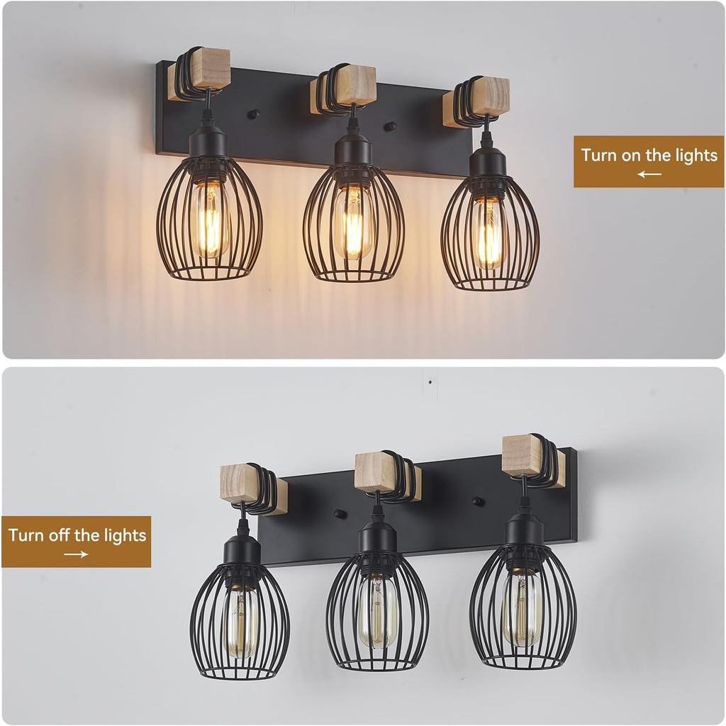 3-Light Farmhouse Vanity Light for Bathroom, Wood Wall Sconce with Elegant Teardrop Cage, Industrial Black Vanity Lights Over Mirror for Living Room Bedroom Hallway