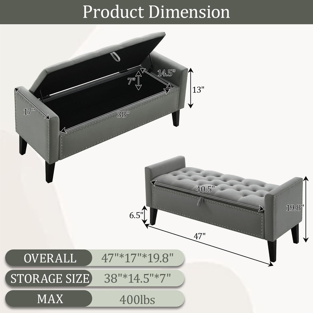 47in Velvet Storage Ottoman Bench with Arms, Upholstered Storage Bench with Wooden Legs, Storage Bench for Bedroom, Living Room, Entryway, Blue Grey