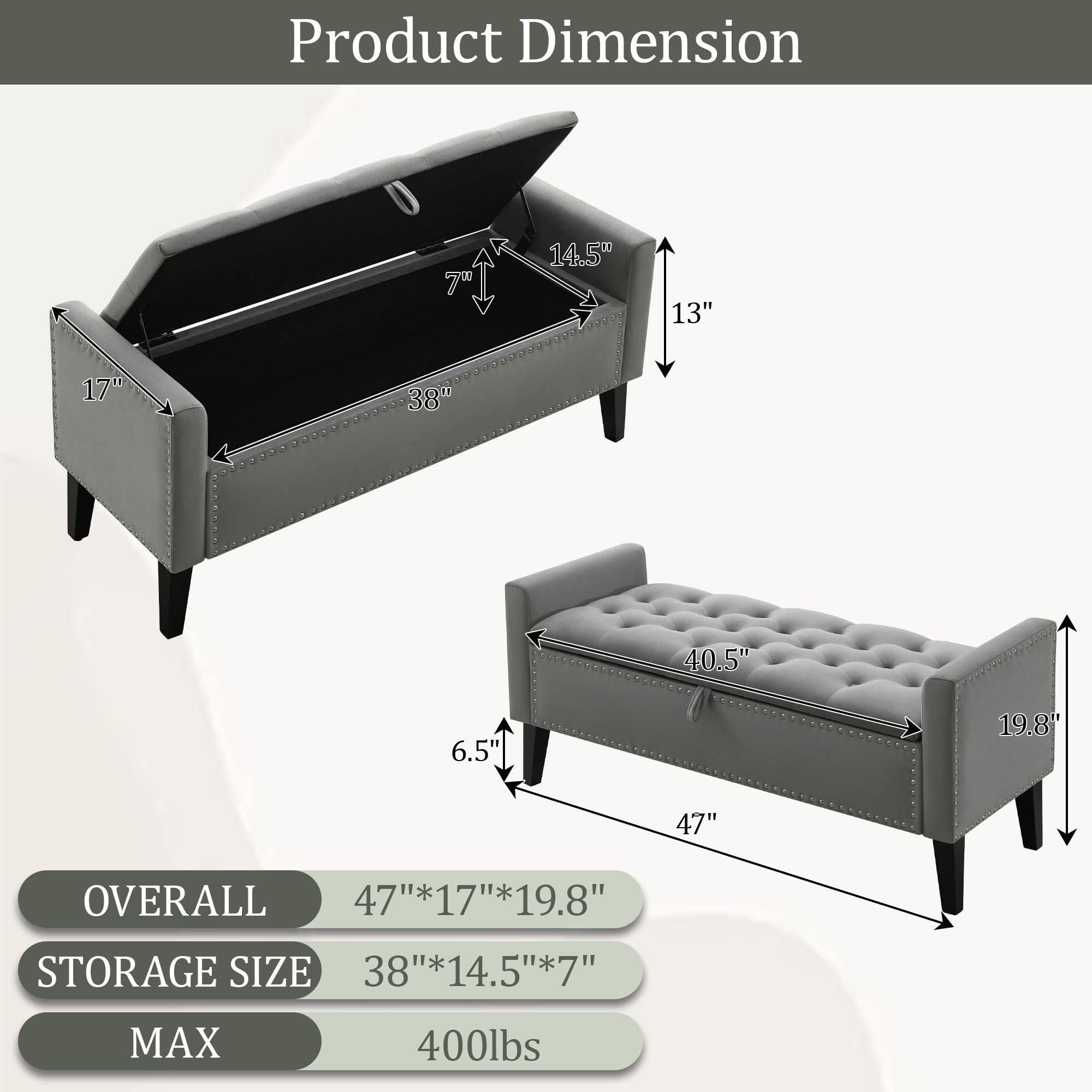 47in Velvet Storage Ottoman Bench with Arms, Upholstered Storage Bench with Wooden Legs, Storage Bench for Bedroom, Living Room, Entryway, Blue Grey