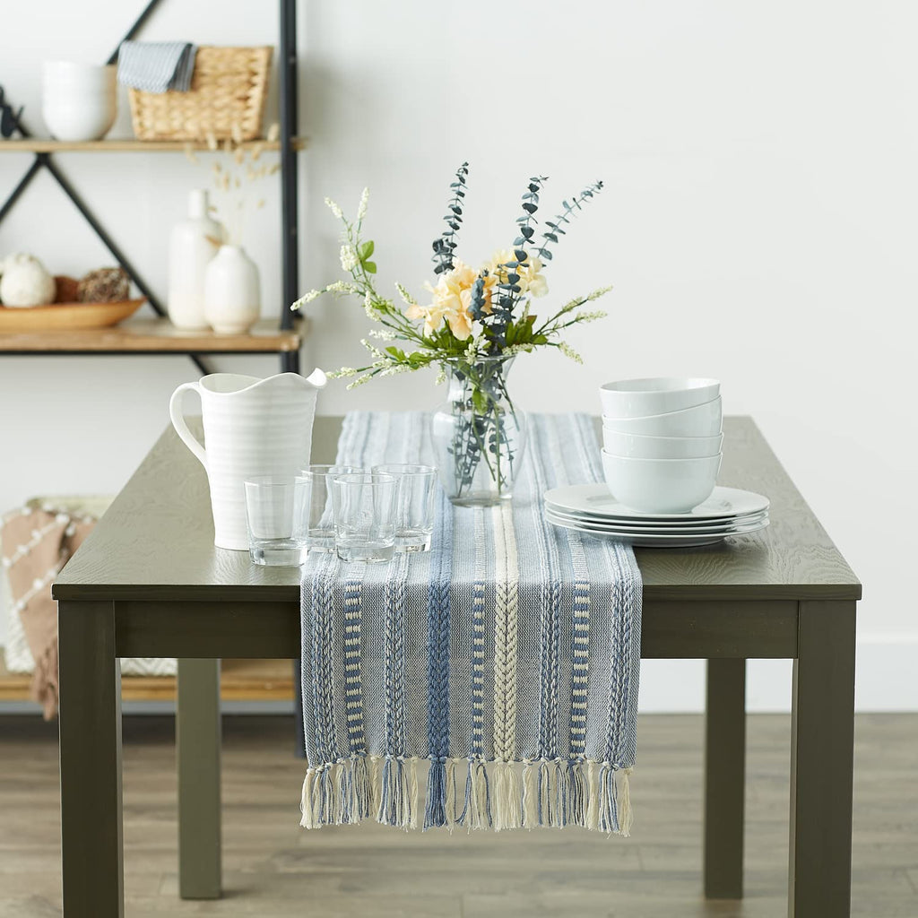 DII Farmhouse Braided Stripe Table Runner Collection, 15x72 (15x77, Fringe Included), Stone