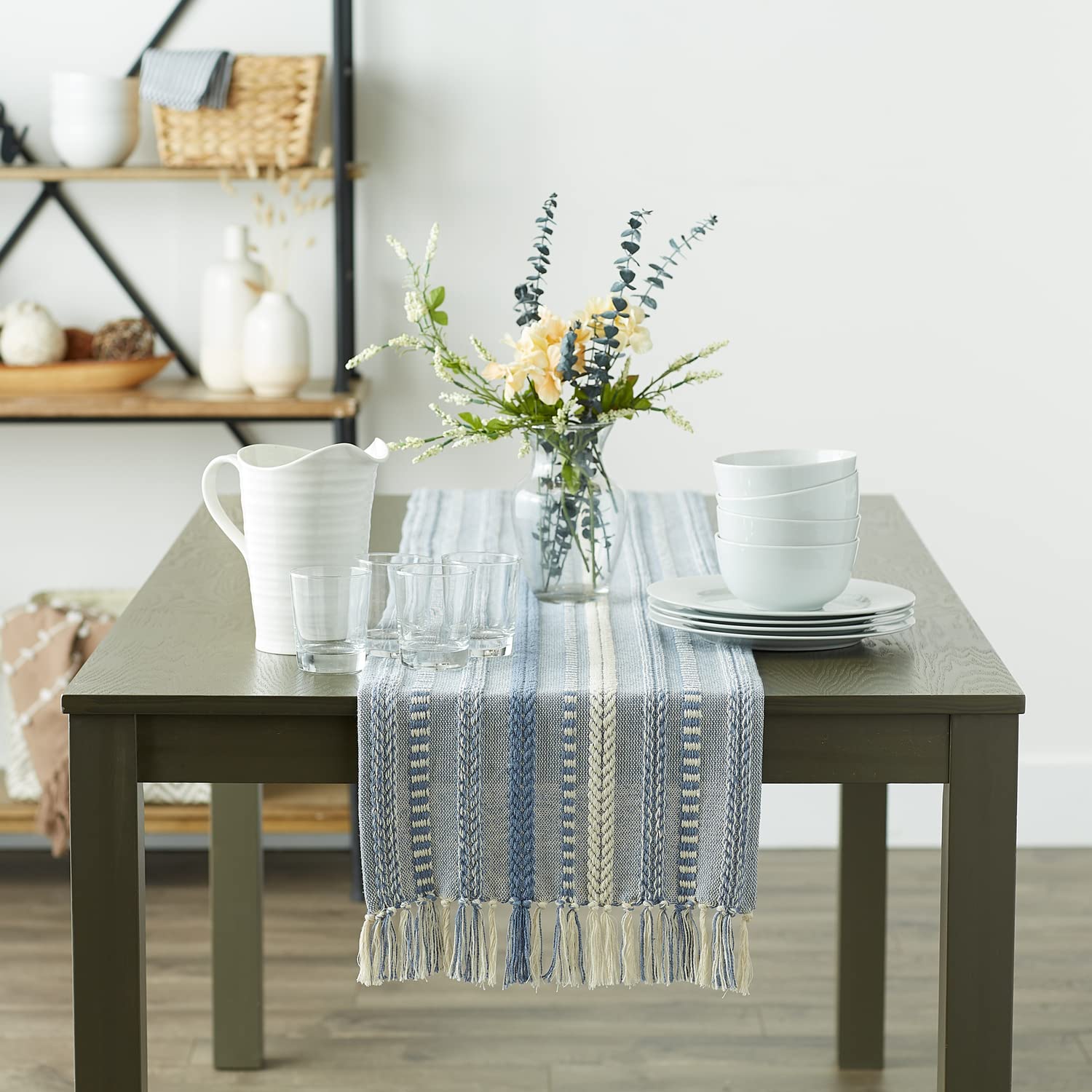 DII Farmhouse Braided Stripe Table Runner Collection, 15x72 (15x77, Fringe Included), Stone