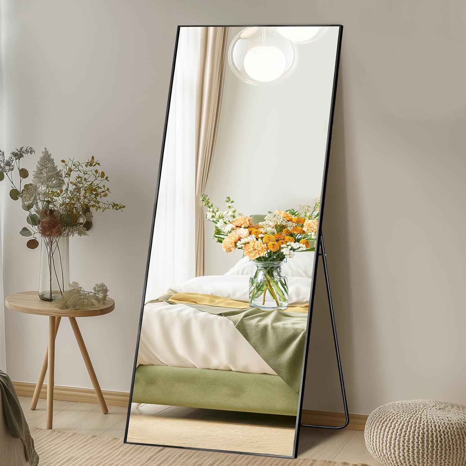 DUMOS Arched Full Length Mirror with Stand 64"x21" Floor Standing Aluminum Frame for Bedroom Body Hanging Leaning Modern Simple Home Decor Shatter-proorf Nano Glass Wall Living Room Cloakroom Black