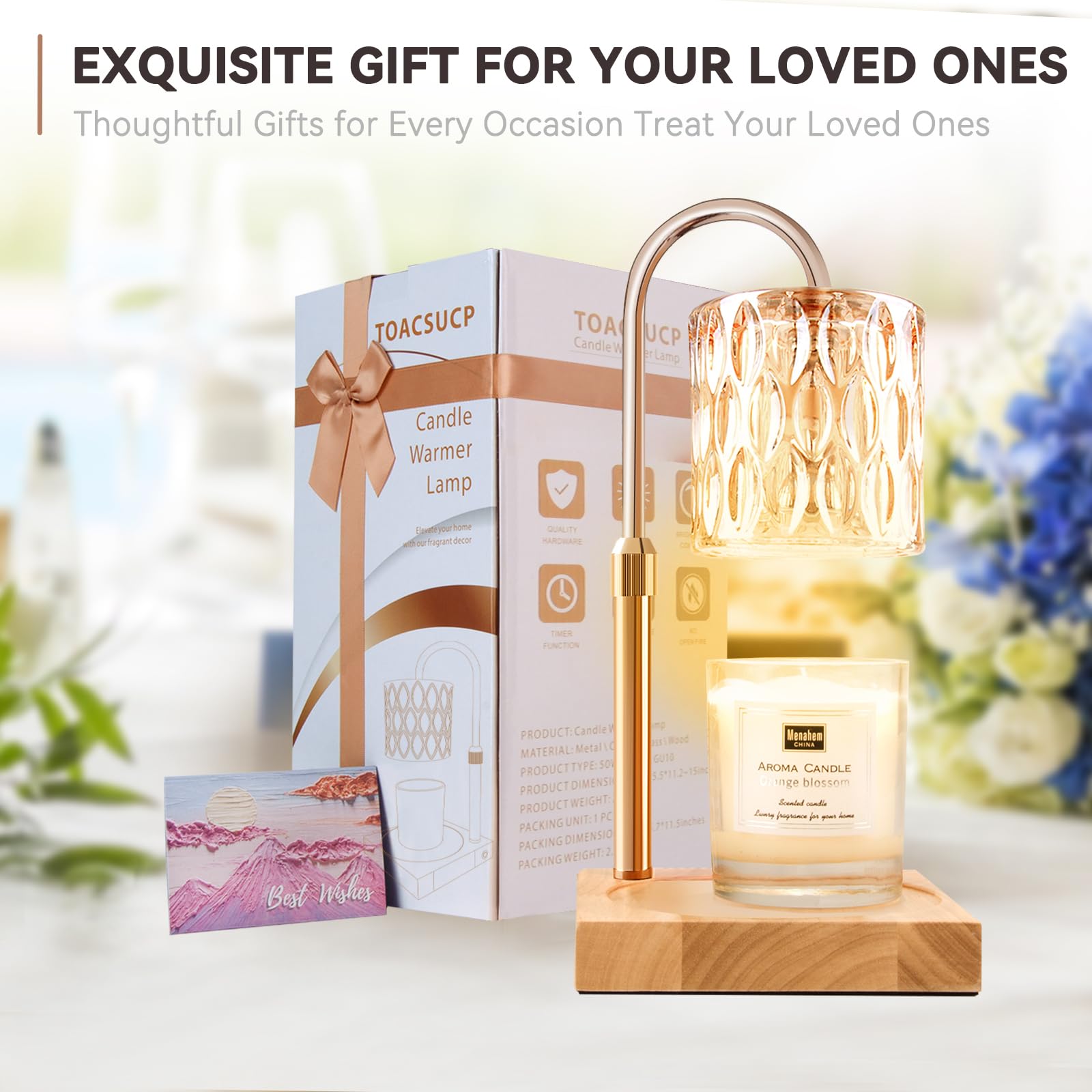 Candle Warmer Lamp with 3 Bulbs, Adjustable Height Dimmable Candle Warmer with Timer, Candle Lamp with Charming Gift Box Ribbon,Birthday Gifts for Women Mom, House Warming Gifts New Home Decor