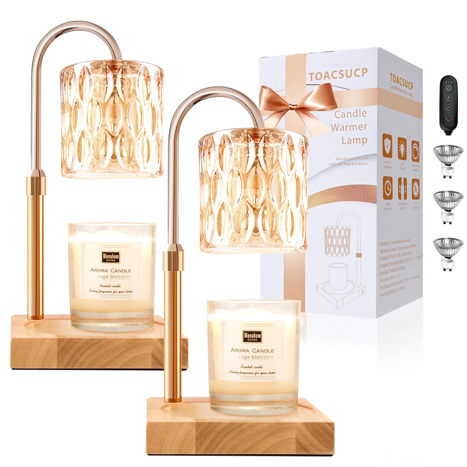 Candle Warmer Lamp with 3 Bulbs, Adjustable Height Dimmable Candle Warmer with Timer, Candle Lamp with Charming Gift Box Ribbon,Birthday Gifts for Women Mom, House Warming Gifts New Home Decor