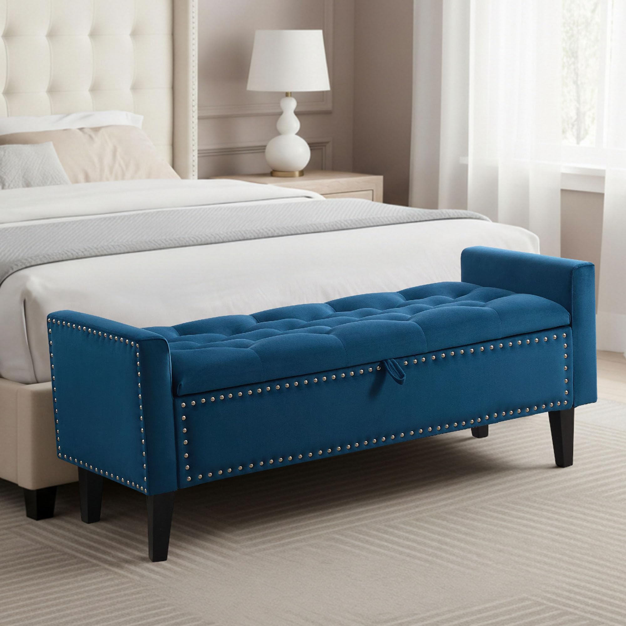 47in Velvet Storage Ottoman Bench with Arms, Upholstered Storage Bench with Wooden Legs, Storage Bench for Bedroom, Living Room, Entryway, Blue Grey