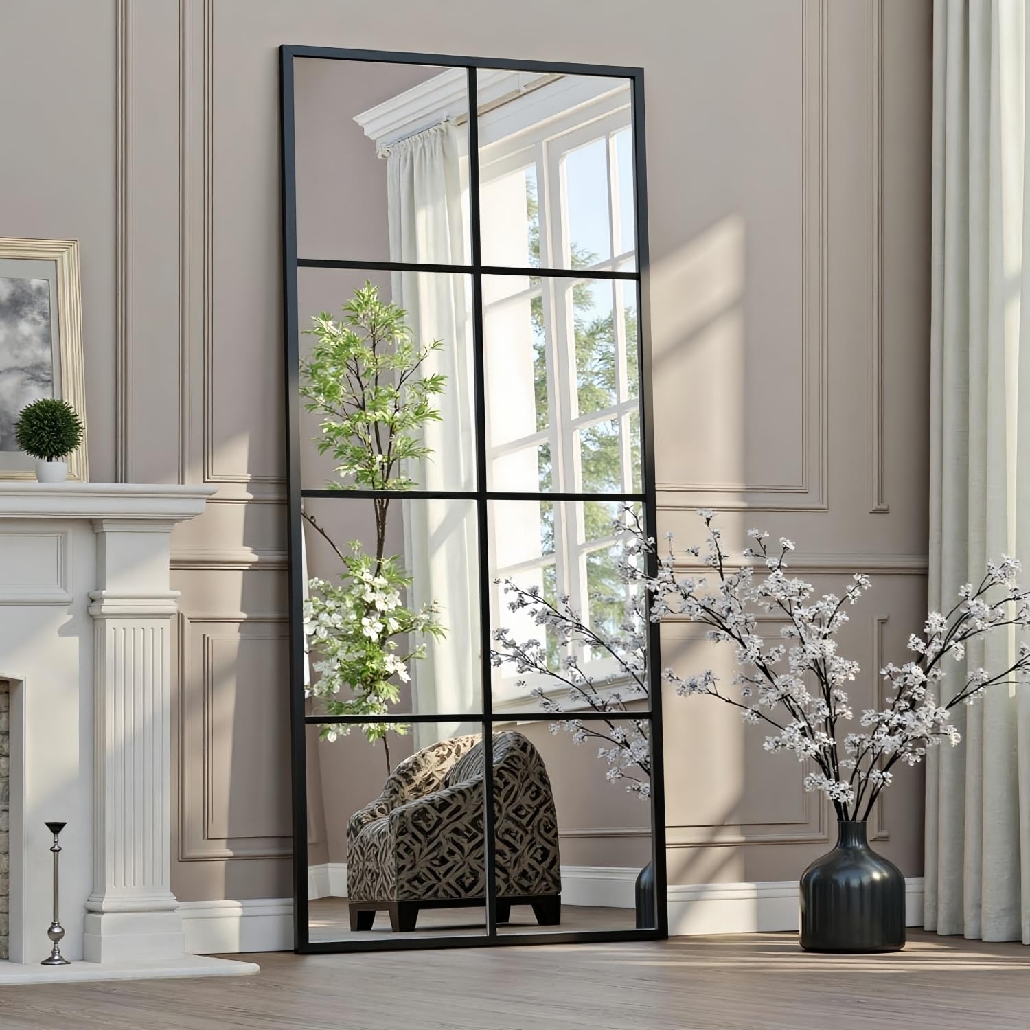 Full Length Mirror, 65"x24" Window Pane Mirror for Wall Decor, Black Full Body or Wall Mounted Mirrors, Farmhouse Standing Mirrors Hanging or Leaning for Living Room, Entryway, No Stand