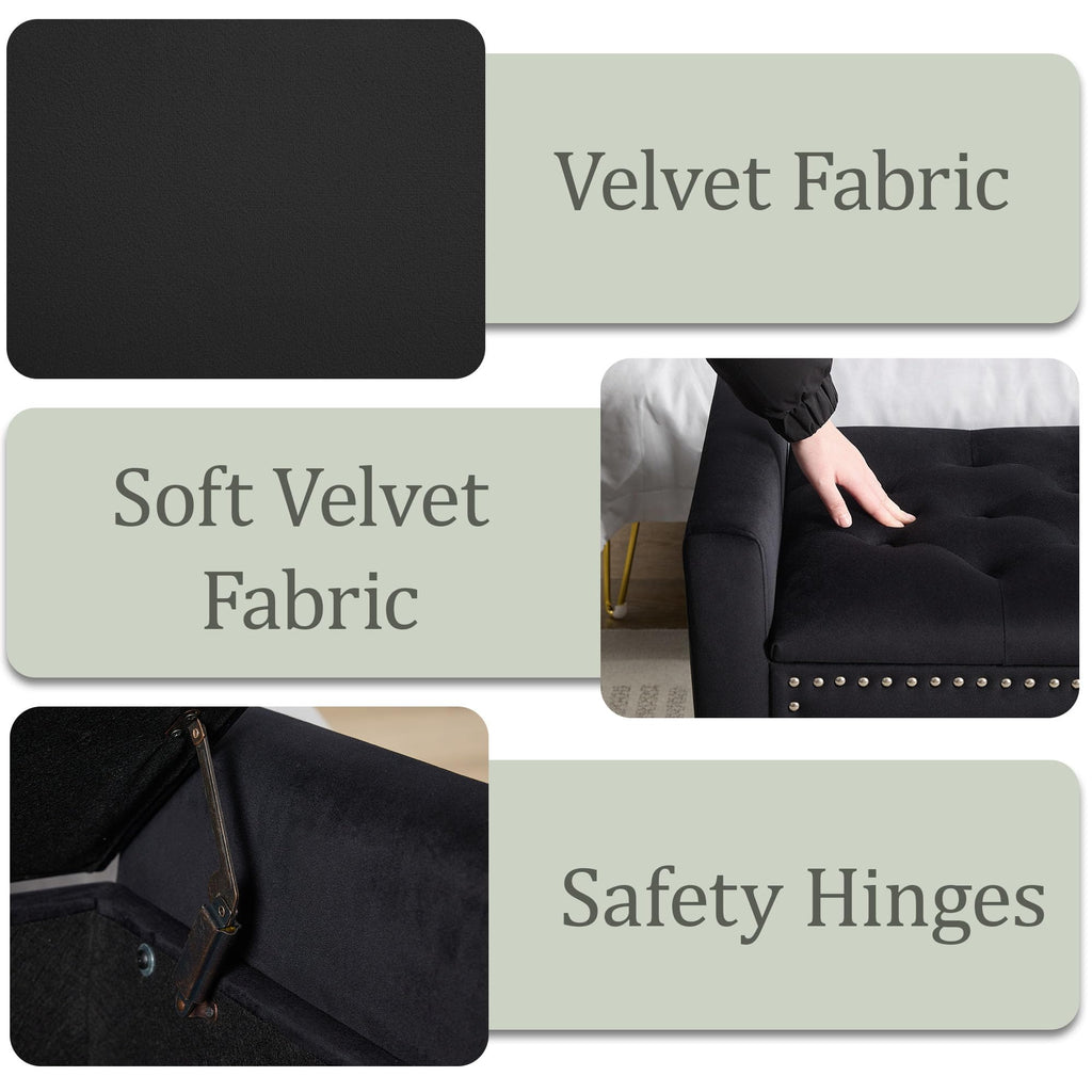 47in Velvet Storage Ottoman Bench with Arms, Upholstered Storage Bench with Wooden Legs, Storage Bench for Bedroom, Living Room, Entryway, Blue Grey