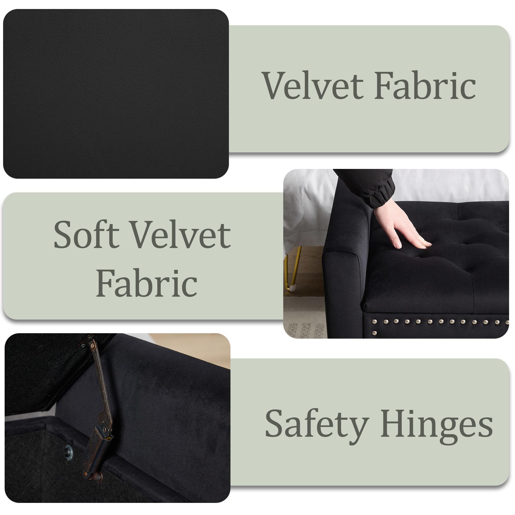 47in Velvet Storage Ottoman Bench with Arms, Upholstered Storage Bench with Wooden Legs, Storage Bench for Bedroom, Living Room, Entryway, Blue Grey