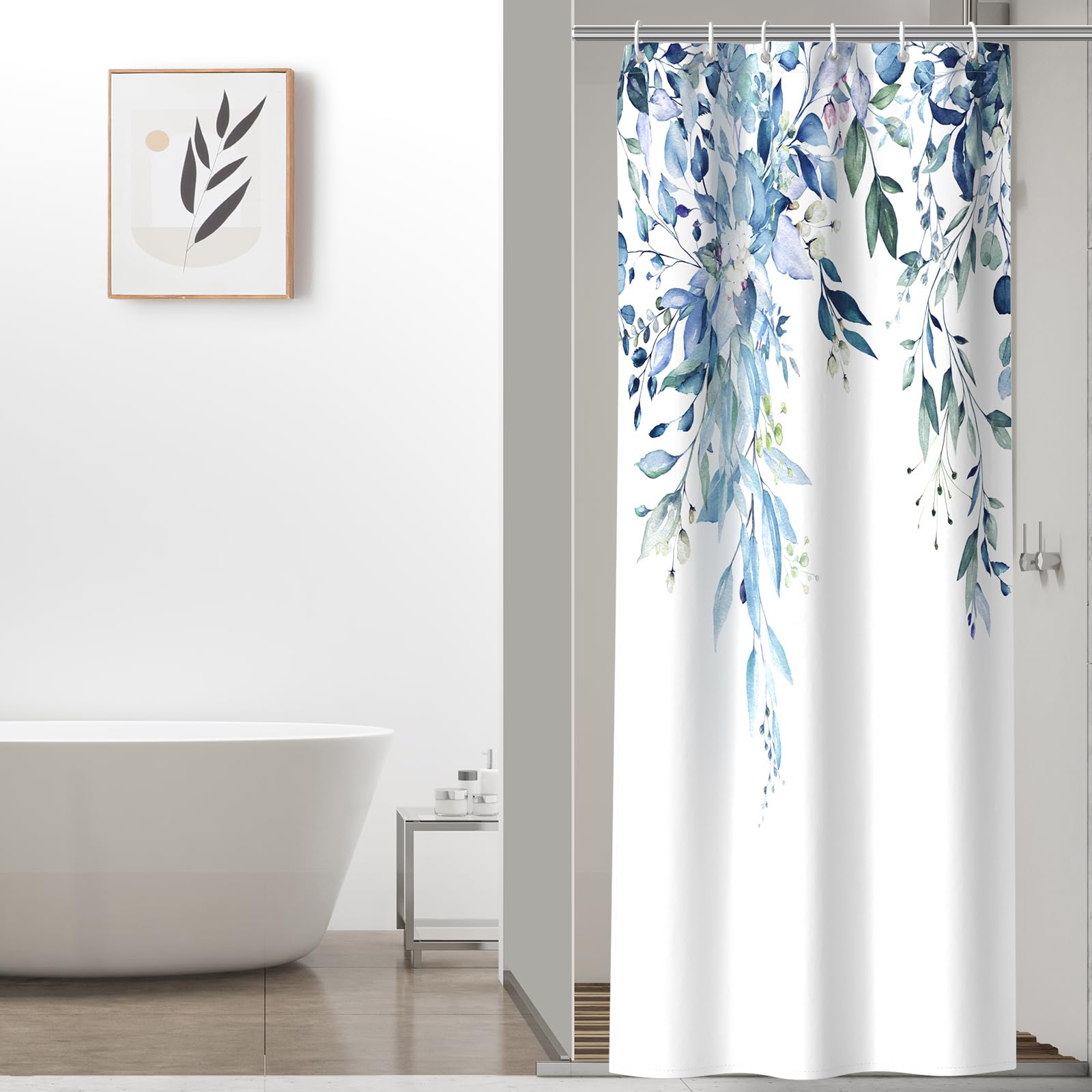 Colorful Star Sage Green Eucalyptus Waterproof Shower Curtain Set with Hooks, Minimalist Watercolor Floral Print Bathroom Décor, Plant Leaves Washable Fabric Shower Curtain, 72 x 72 Inch