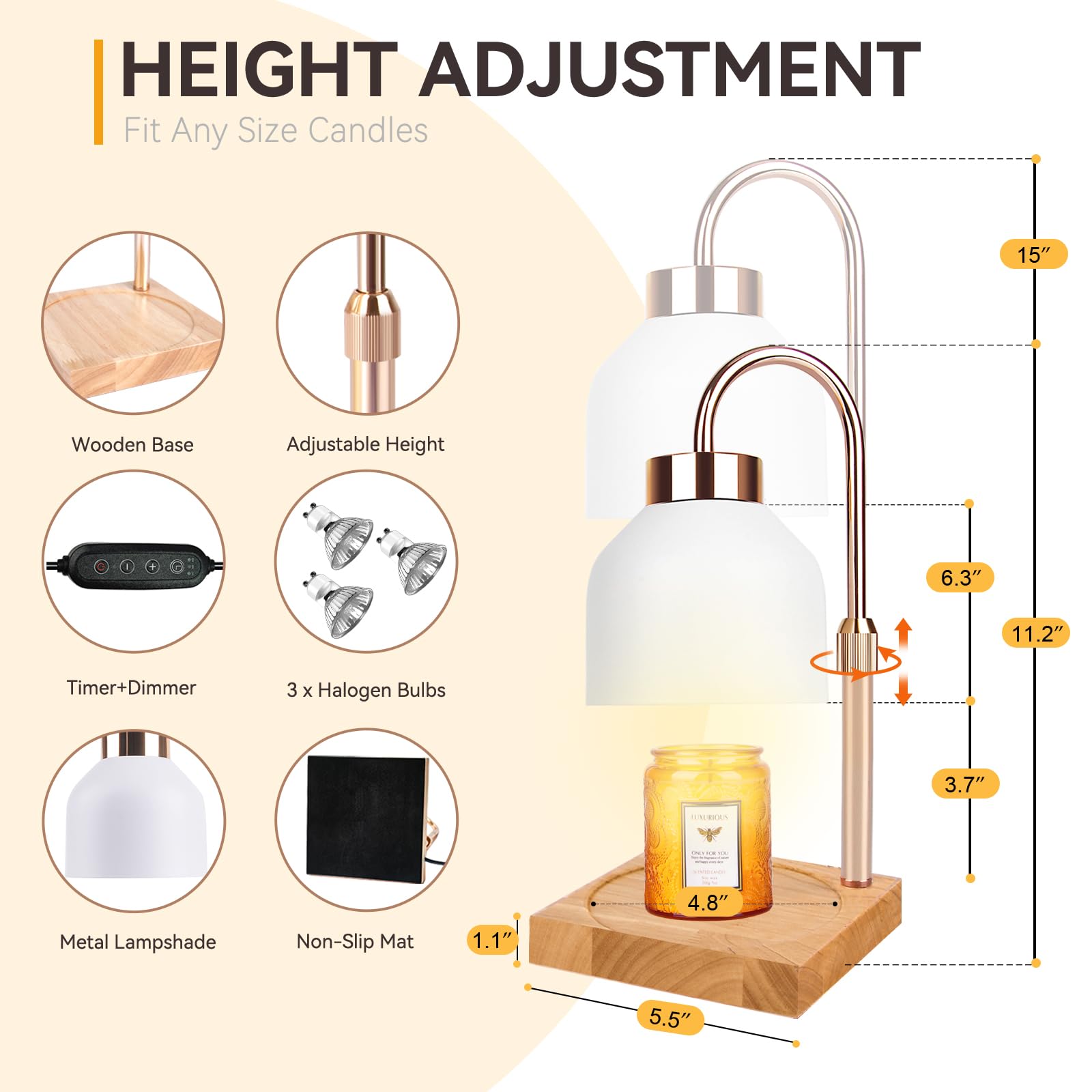 Candle Warmer Lamp with 3 Bulbs, Adjustable Height Dimmable Candle Warmer with Timer, Candle Lamp with Charming Gift Box Ribbon,Birthday Gifts for Women Mom, House Warming Gifts New Home Decor