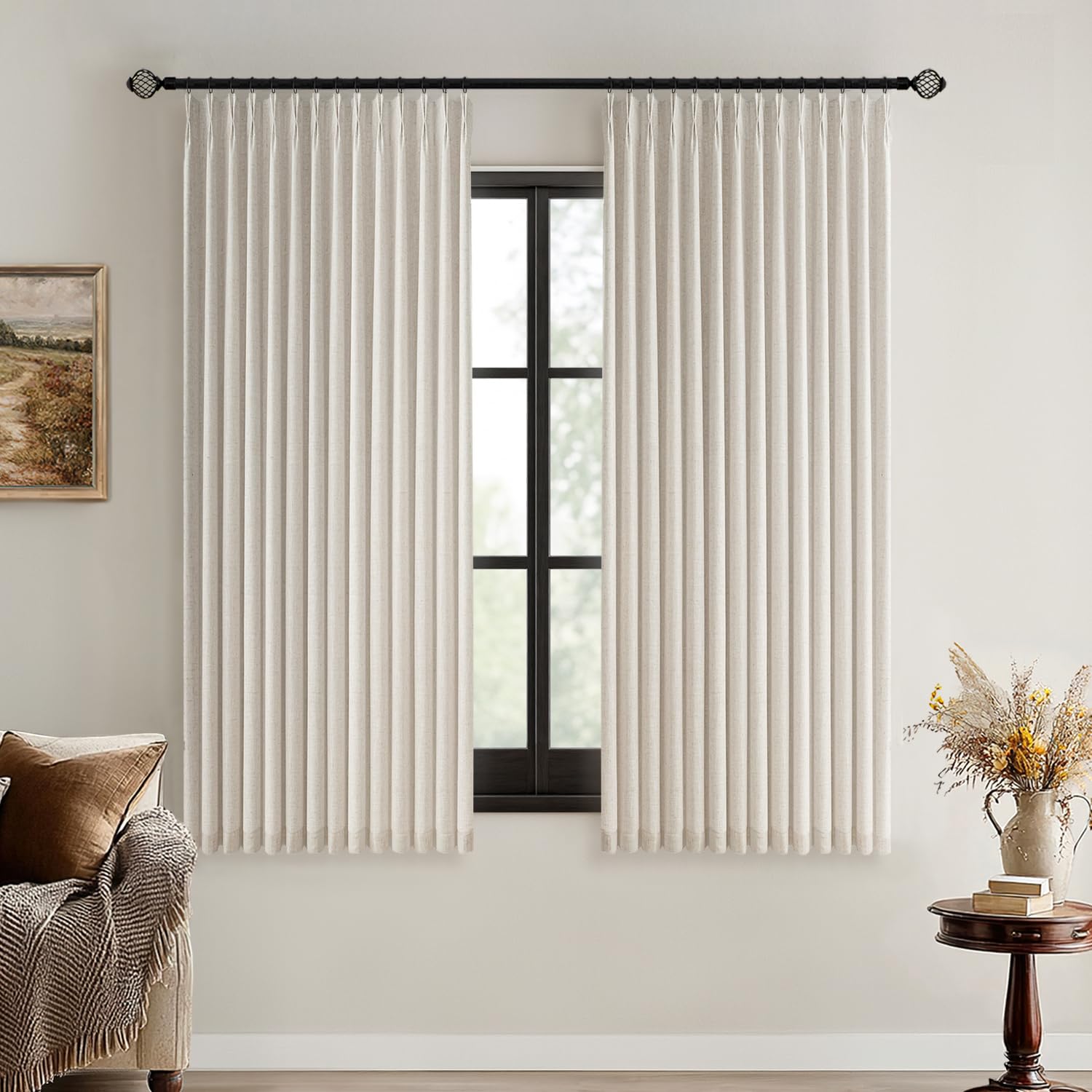 MIULEE Olive Green Pinch Pleated 100% Blackout Linen Curtains 90 Inch Length 2 Panels Set, Black Out Memory Trained Pleat Curtains Light Blocking Room Darkening Drapes for Bedroom Living Room Window