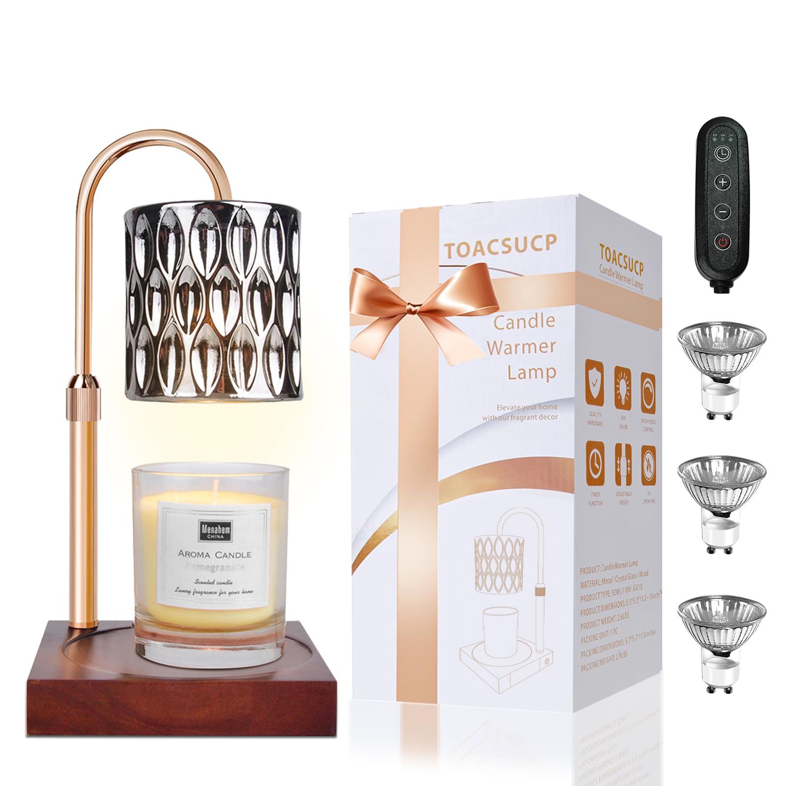 Candle Warmer Lamp with 3 Bulbs, Adjustable Height Dimmable Candle Warmer with Timer, Candle Lamp with Charming Gift Box Ribbon,Birthday Gifts for Women Mom, House Warming Gifts New Home Decor