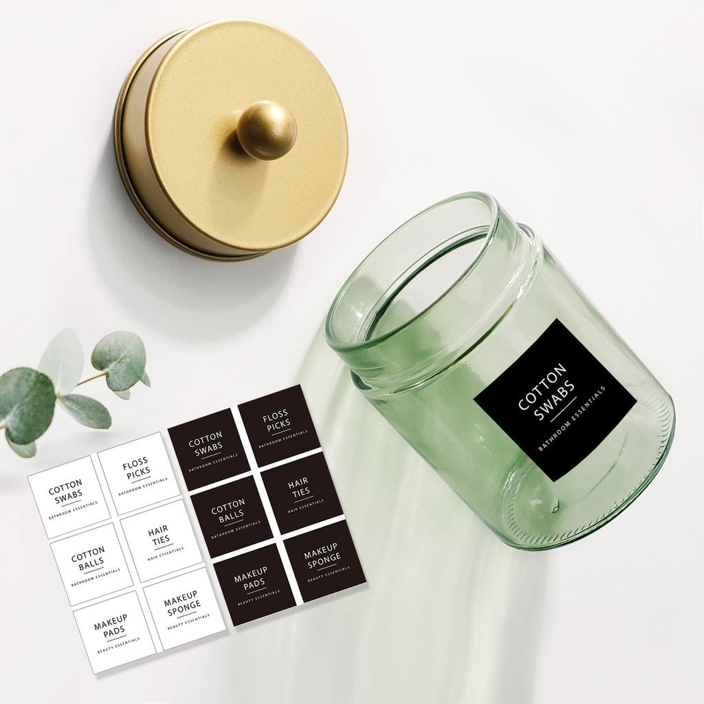 Amolliar 4Pc Apothecary Jars Bathroom Vanity Storage Organizer Set -Countertop Canister with Stainless Steel Lids &Stickers - Qtip Dispenser Holder for Qtip,Cotton Swab,Makeup Sponge (Brushed Nickel)