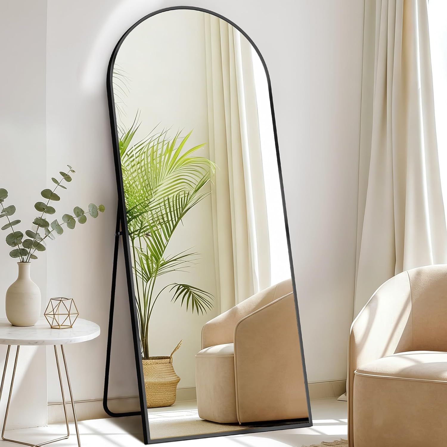 DUMOS Arched Full Length Mirror with Stand 64"x21" Floor Standing Aluminum Frame for Bedroom Body Hanging Leaning Modern Simple Home Decor Shatter-proorf Nano Glass Wall Living Room Cloakroom Black