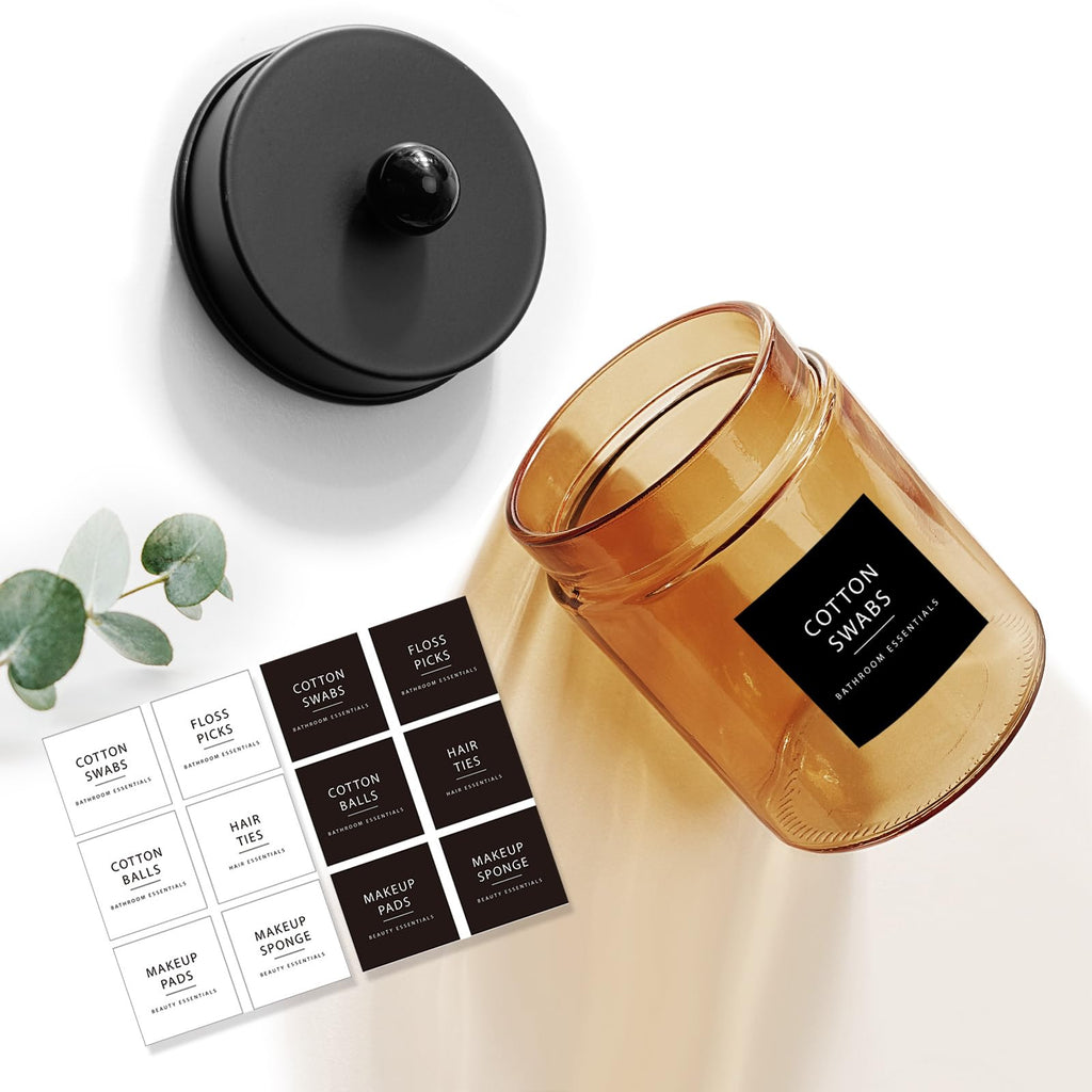 Amolliar 4Pc Apothecary Jars Bathroom Vanity Storage Organizer Set -Countertop Canister with Stainless Steel Lids &Stickers - Qtip Dispenser Holder for Qtip,Cotton Swab,Makeup Sponge (Brushed Nickel)