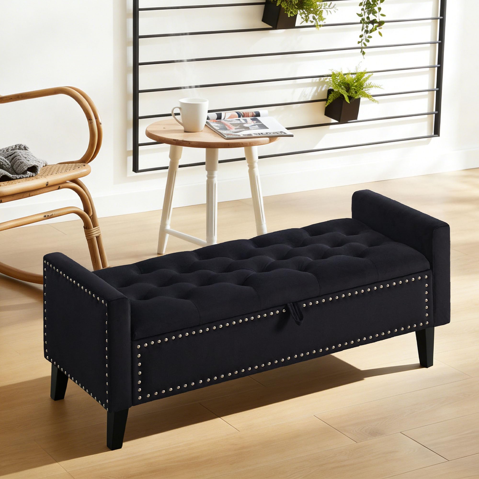 47in Velvet Storage Ottoman Bench with Arms, Upholstered Storage Bench with Wooden Legs, Storage Bench for Bedroom, Living Room, Entryway, Blue Grey
