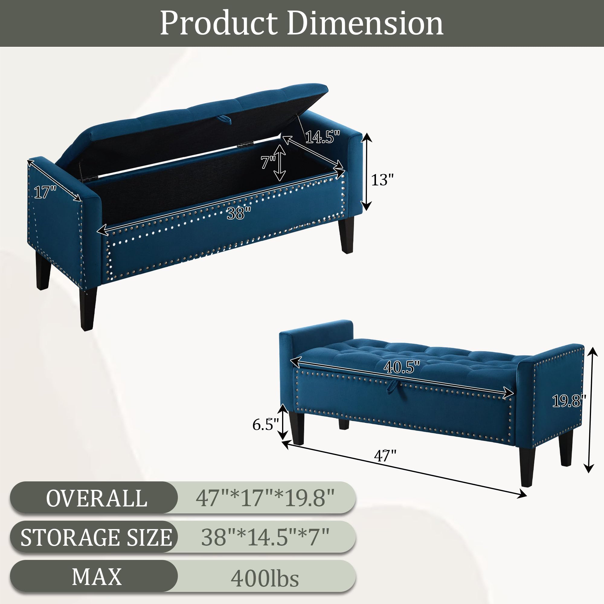 47in Velvet Storage Ottoman Bench with Arms, Upholstered Storage Bench with Wooden Legs, Storage Bench for Bedroom, Living Room, Entryway, Blue Grey