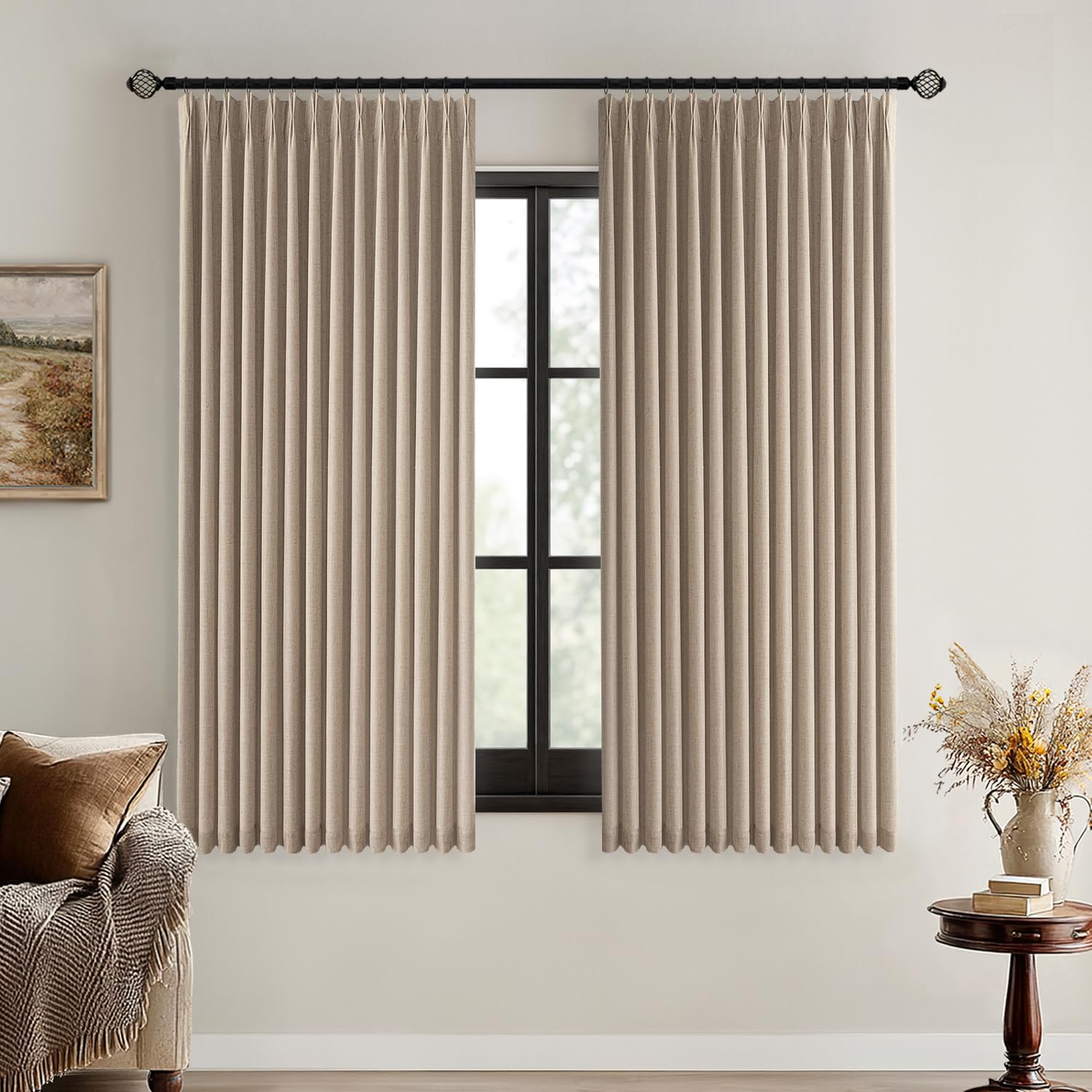 MIULEE Olive Green Pinch Pleated 100% Blackout Linen Curtains 90 Inch Length 2 Panels Set, Black Out Memory Trained Pleat Curtains Light Blocking Room Darkening Drapes for Bedroom Living Room Window