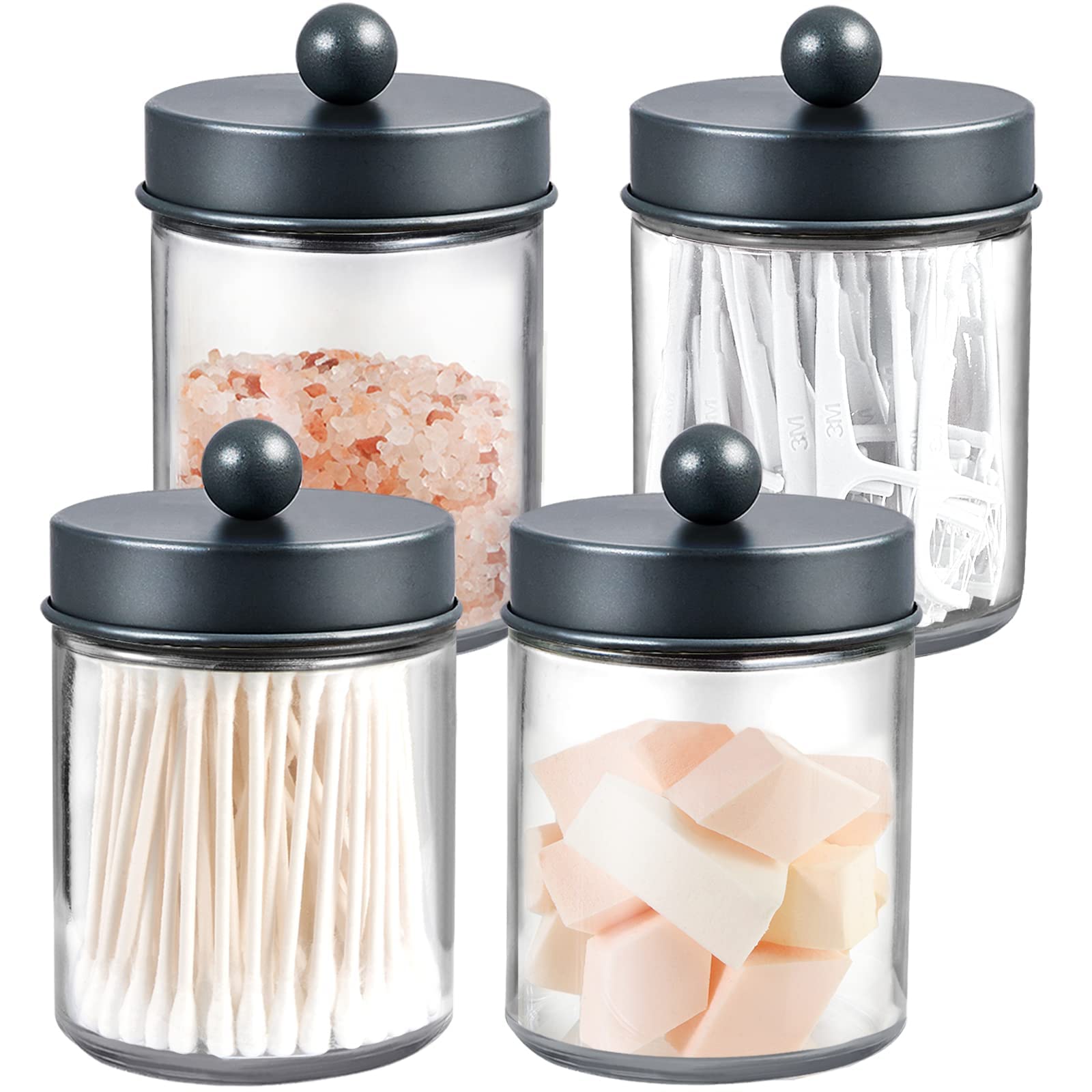 Amolliar 4Pc Apothecary Jars Bathroom Vanity Storage Organizer Set -Countertop Canister with Stainless Steel Lids &Stickers - Qtip Dispenser Holder for Qtip,Cotton Swab,Makeup Sponge (Brushed Nickel)