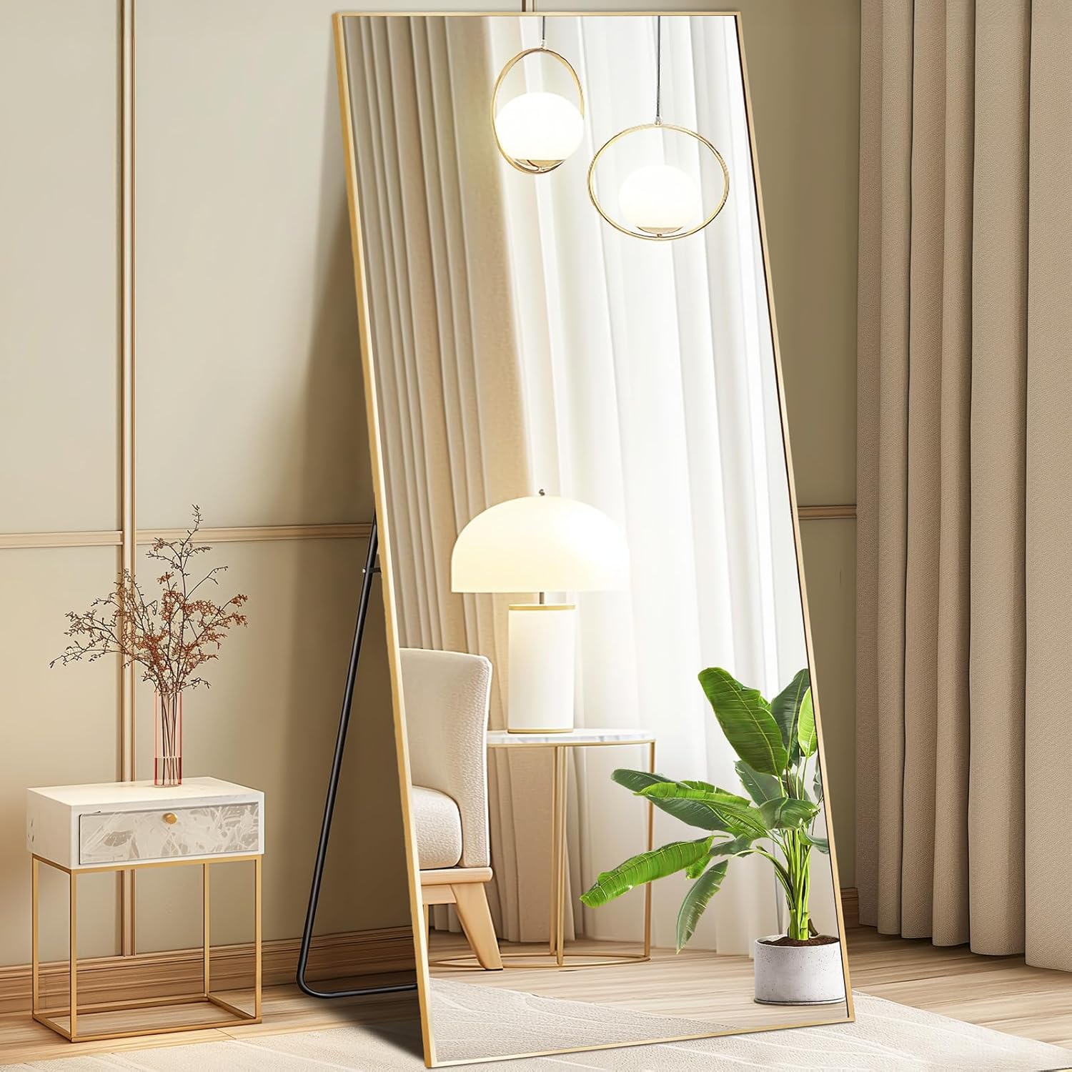 DUMOS Arched Full Length Mirror with Stand 64"x21" Floor Standing Aluminum Frame for Bedroom Body Hanging Leaning Modern Simple Home Decor Shatter-proorf Nano Glass Wall Living Room Cloakroom Black