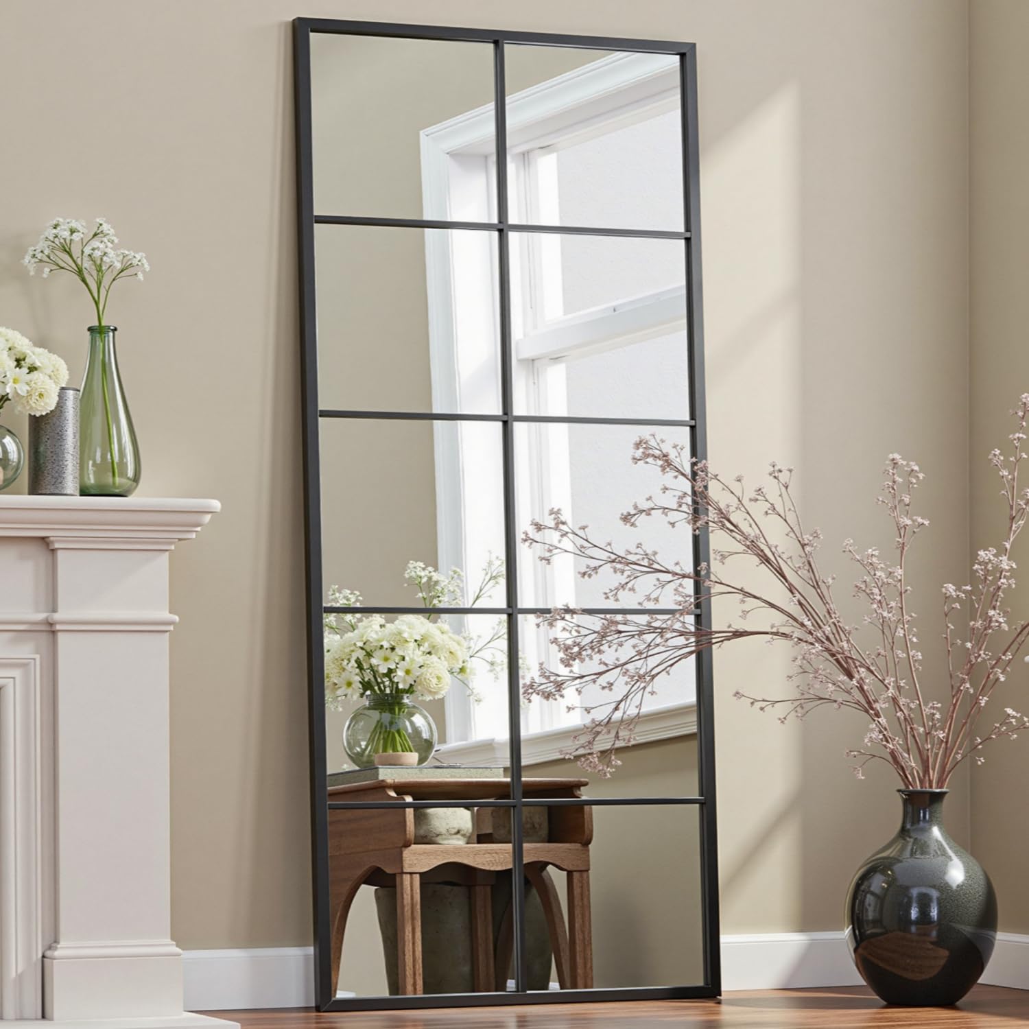Full Length Mirror, 65"x24" Window Pane Mirror for Wall Decor, Black Full Body or Wall Mounted Mirrors, Farmhouse Standing Mirrors Hanging or Leaning for Living Room, Entryway, No Stand